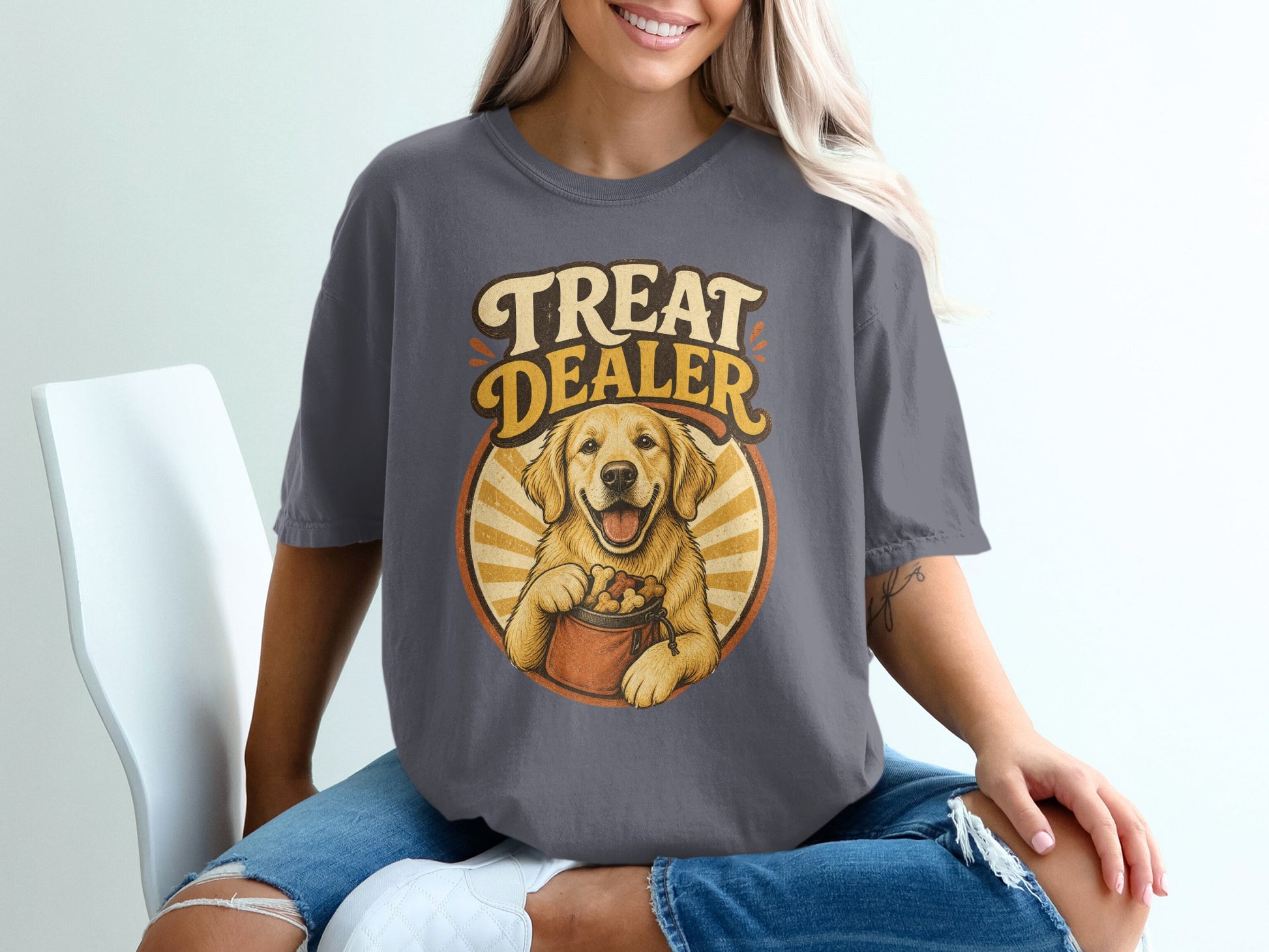 Golden retriever holding bucket of treats with "Treat Dealer" text.
