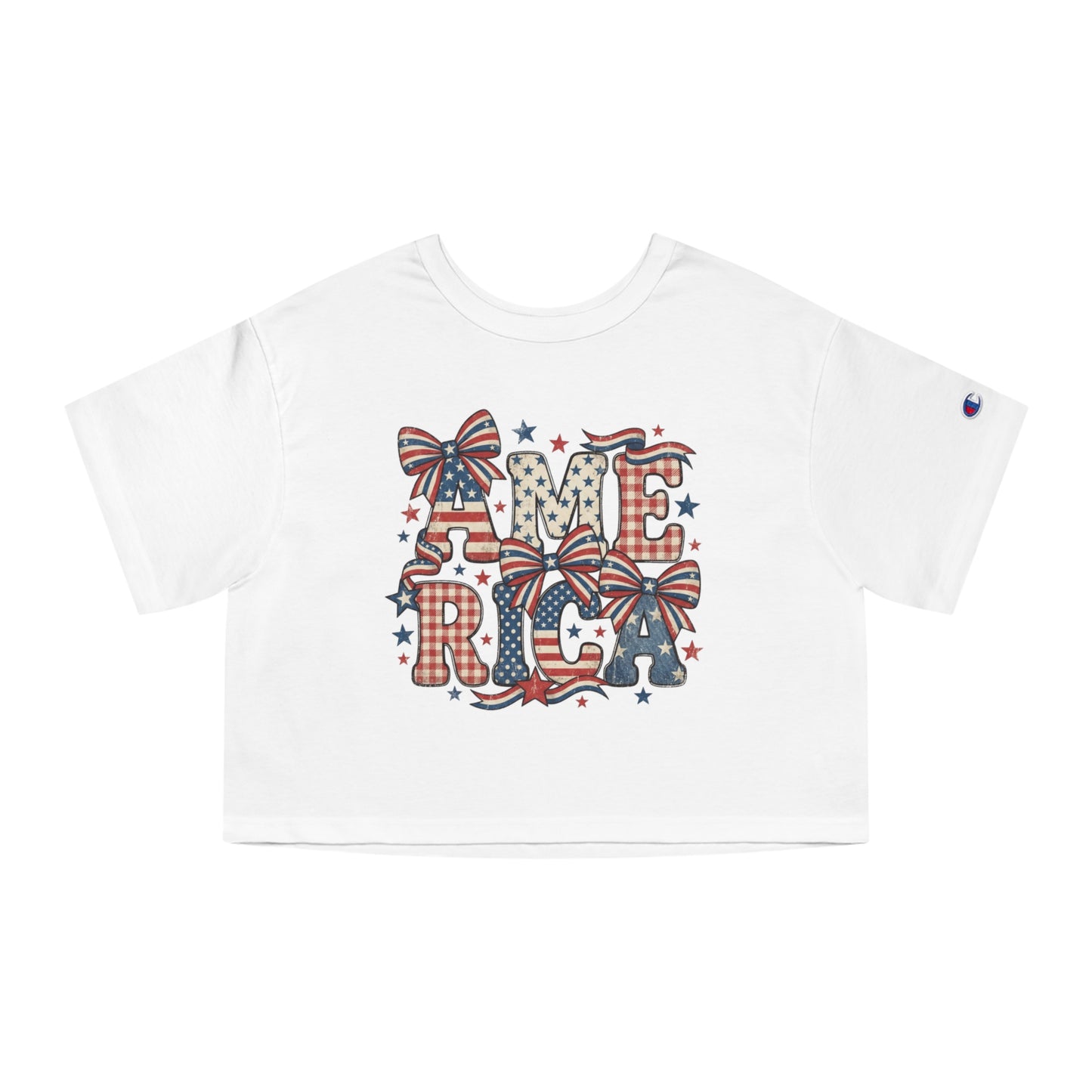 White t-shirt with retro "AMERICA" graphic featuring stars and plaid bows.