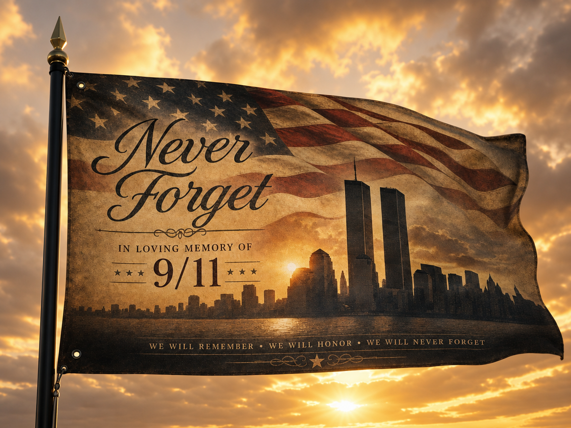 Never Forget 9/11 flag on flagpole against sunset sky