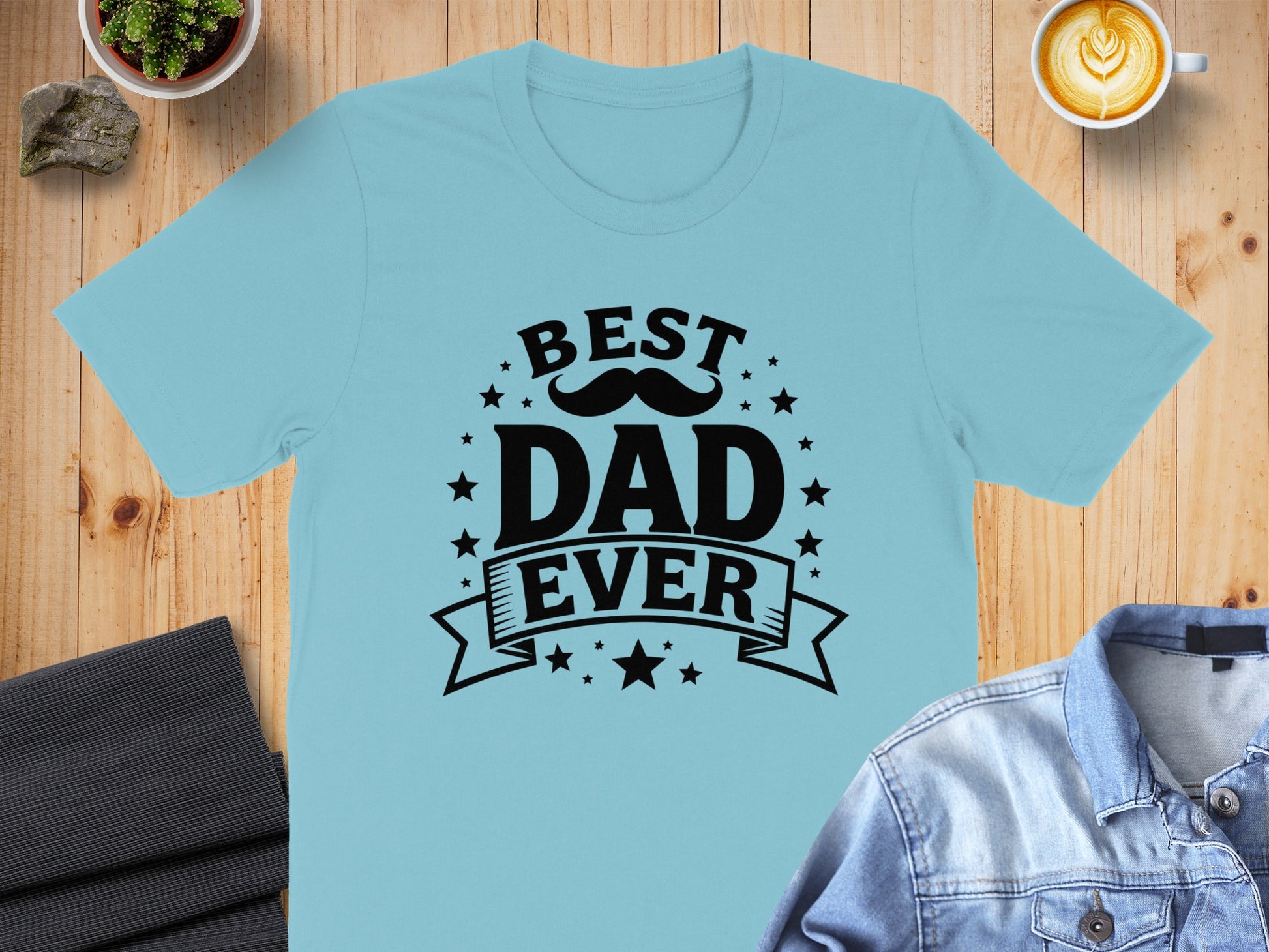 Light blue t-shirt with "BEST DAD EVER" and stars graphic.