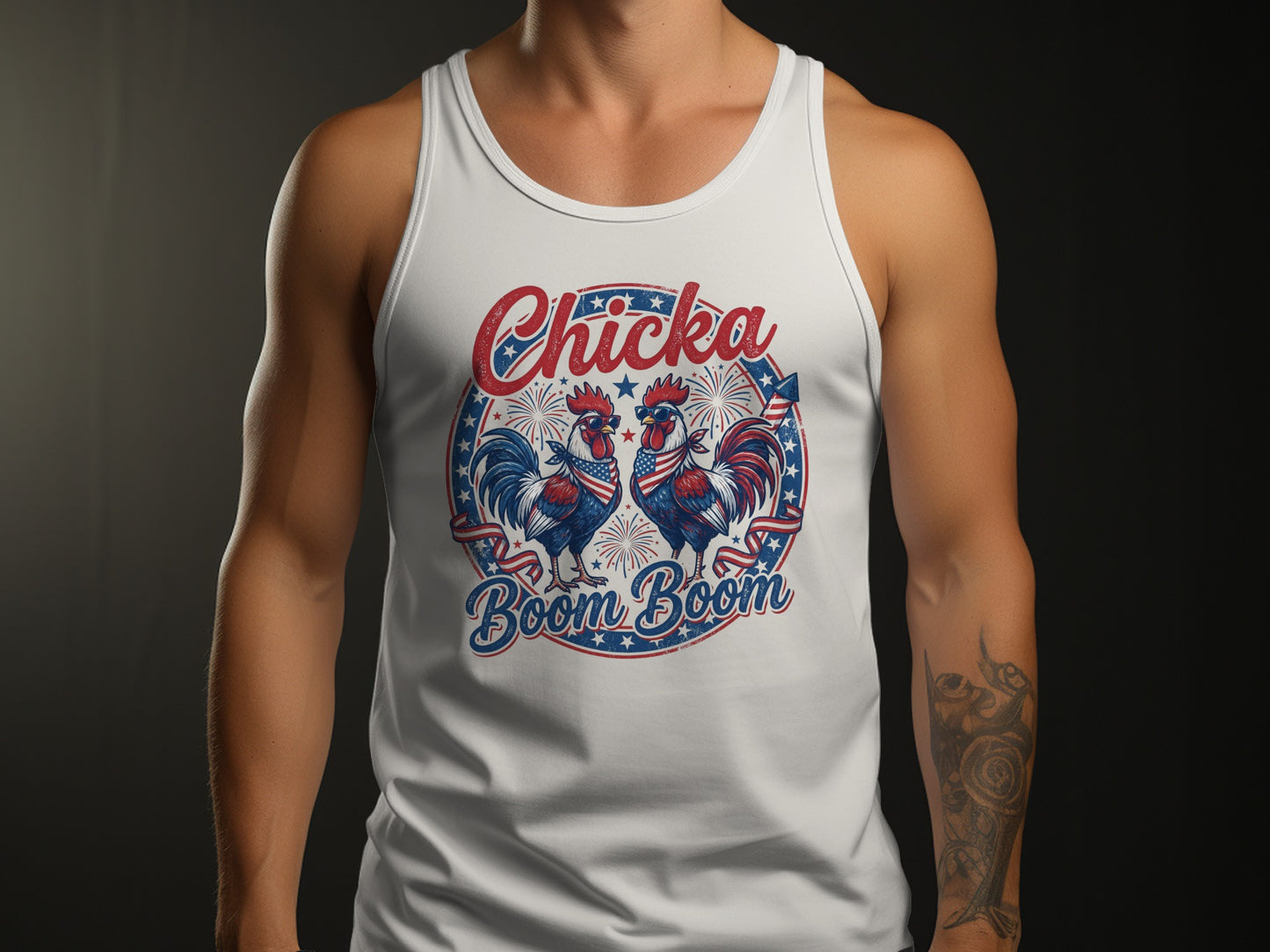 White tank top with two roosters wearing sunglasses and American flag bandanas.