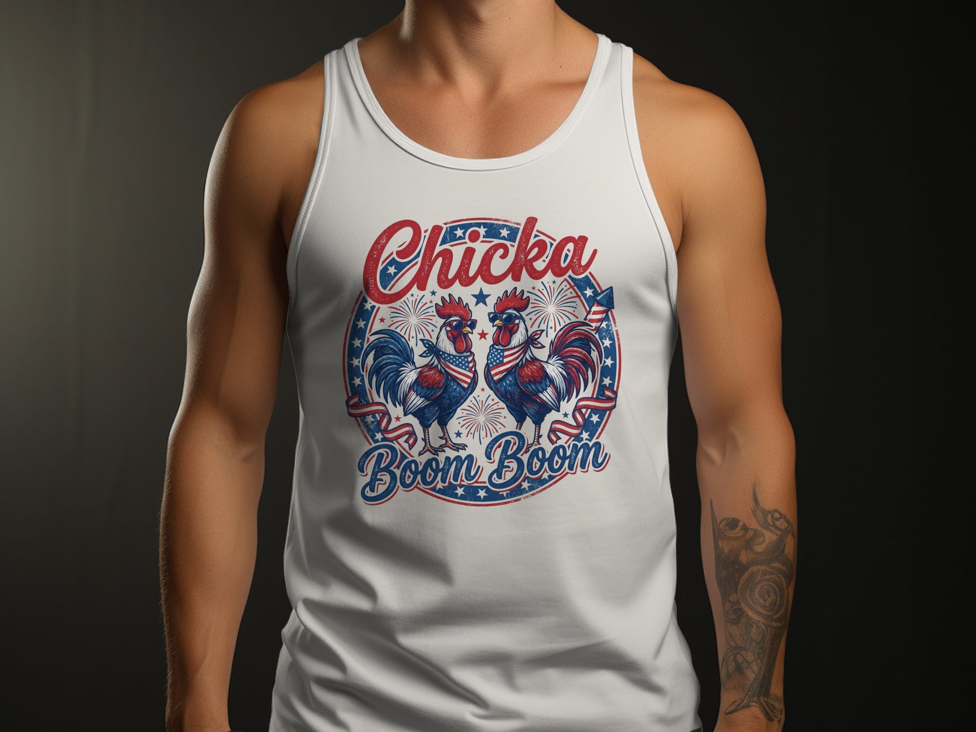 White tank top with two roosters wearing sunglasses and American flag bandanas.