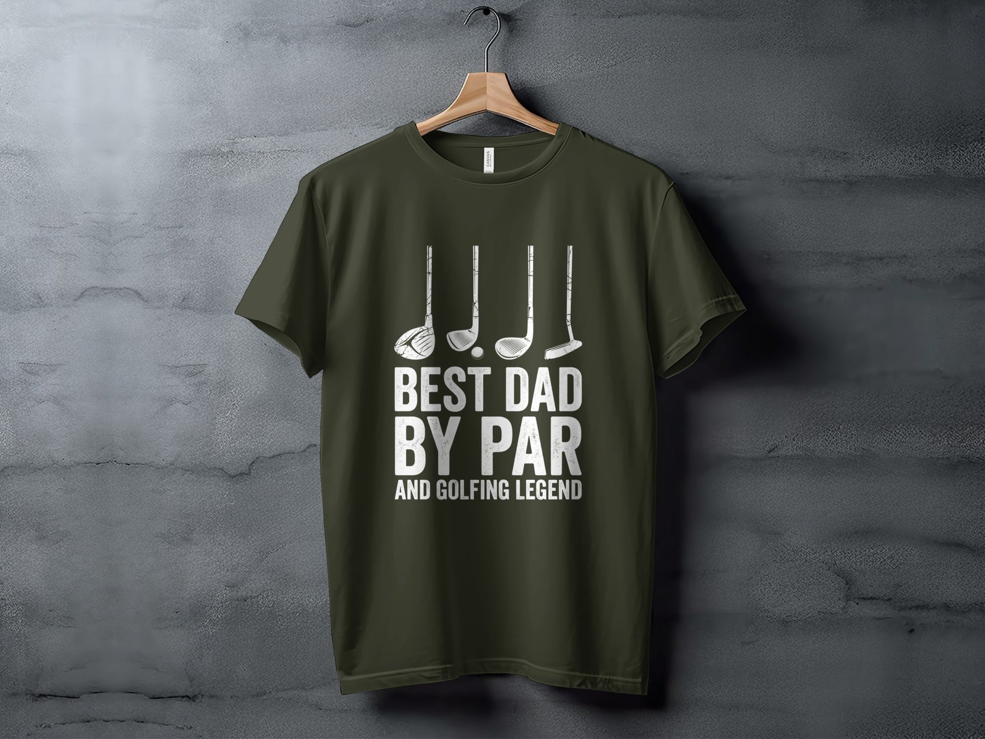 Olive green t-shirt with "BEST DAD BY PAR AND GOLFING LEGEND" text and golf clubs.