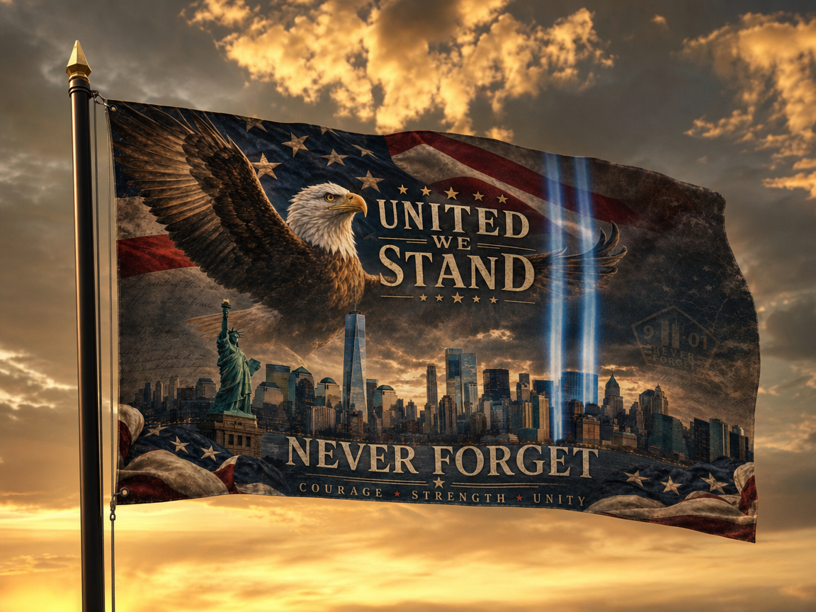 Spirit of Unity 9/11 flag on flagpole against sunset sky