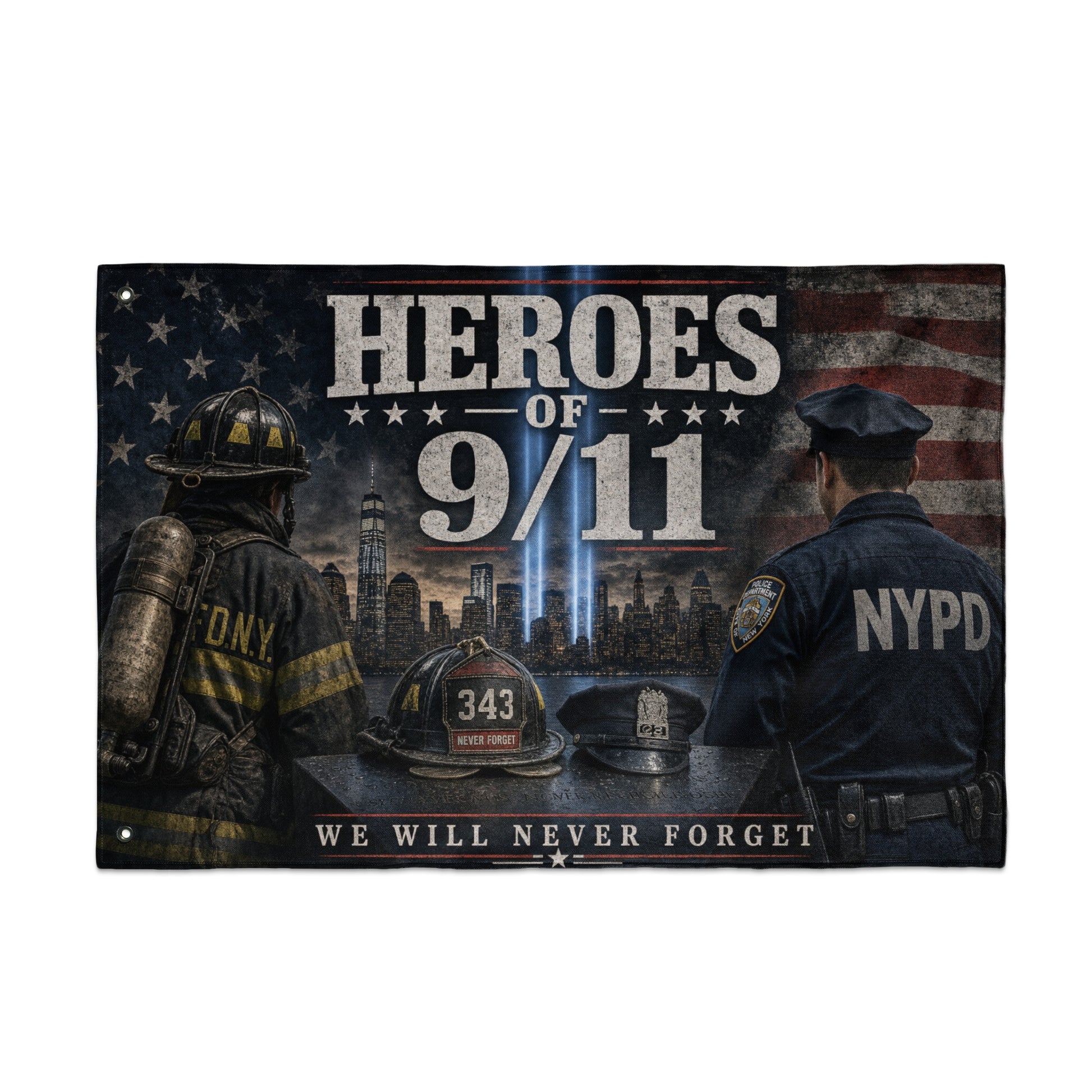 Firefighter and NYPD officer stand before the NYC skyline with "Heroes of 9/11" text.