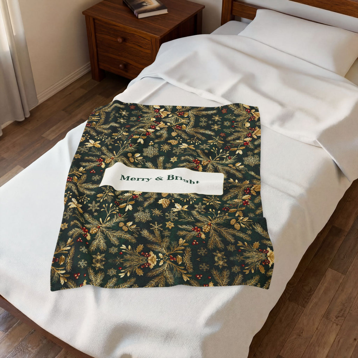 Merry & Bright | Evergreen Gold Velveteen Plush Blanket
