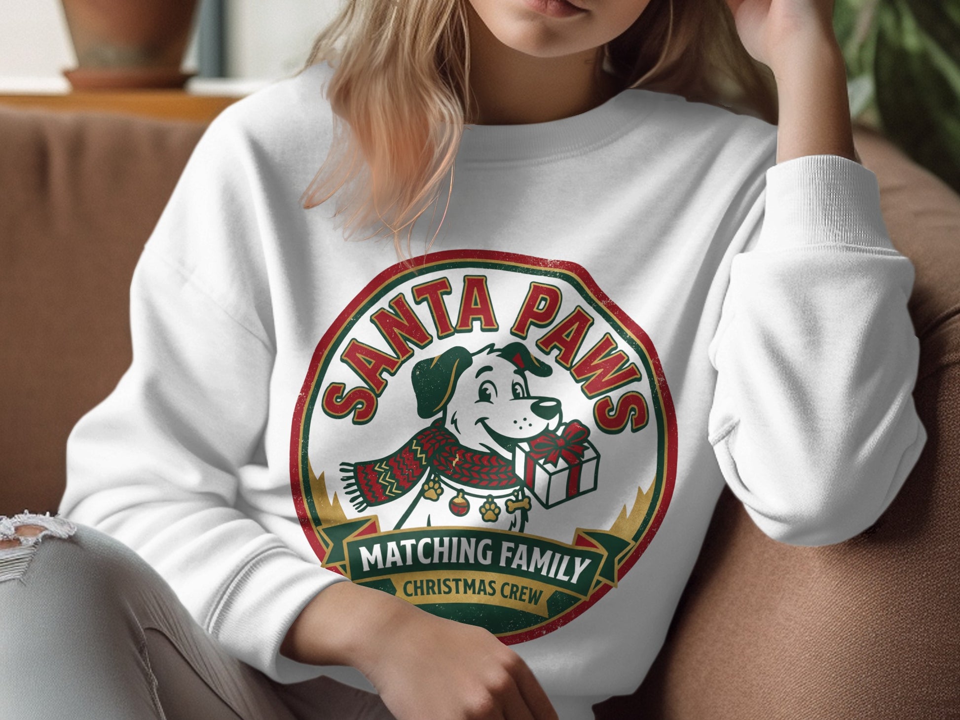 White crewneck sweatshirt with a "Santa Paws" dog graphic holding a gift.