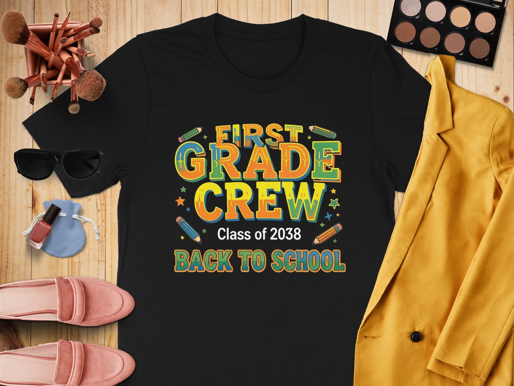Black t-shirt with "First Grade Crew Class of 2038 Back to School" graphic.