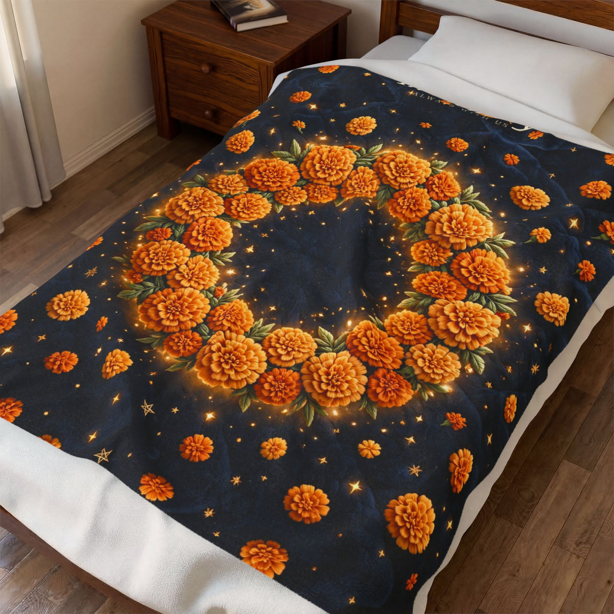 In Memory | Midnight Marigold Wreath Velveteen Plush Blanket