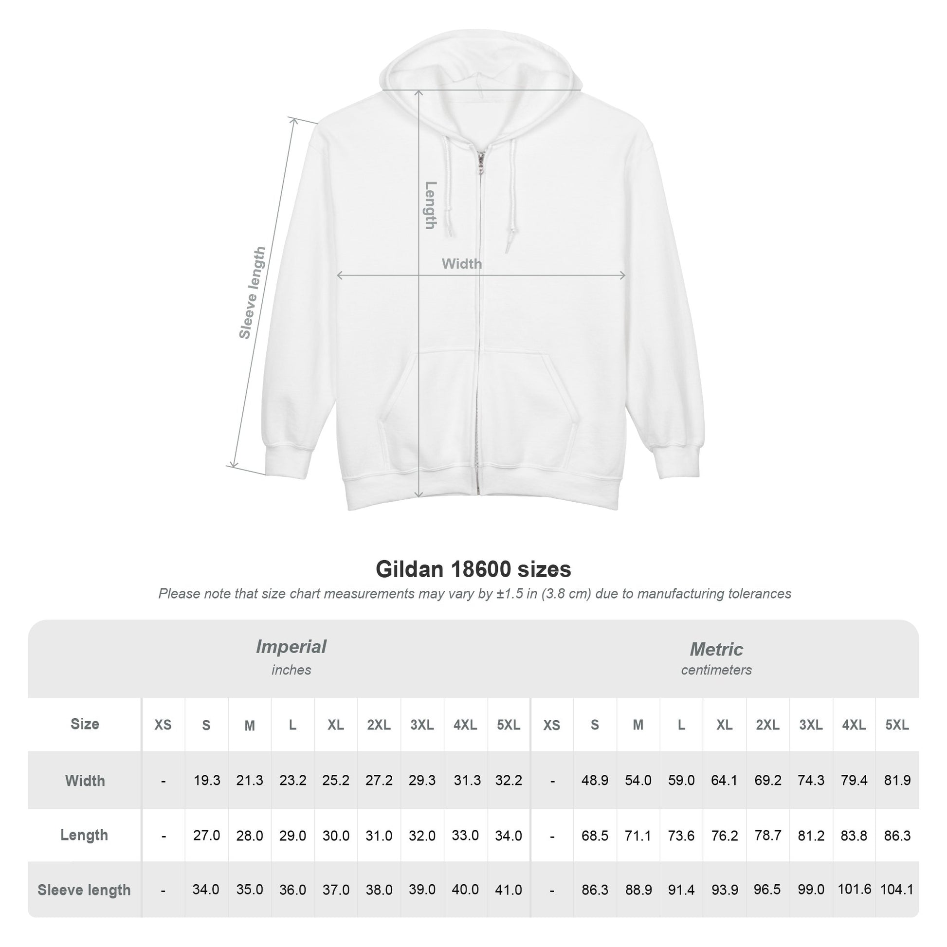 Gildan 18600 size chart with imperial and metric measurements for width, length, and sleeve length.