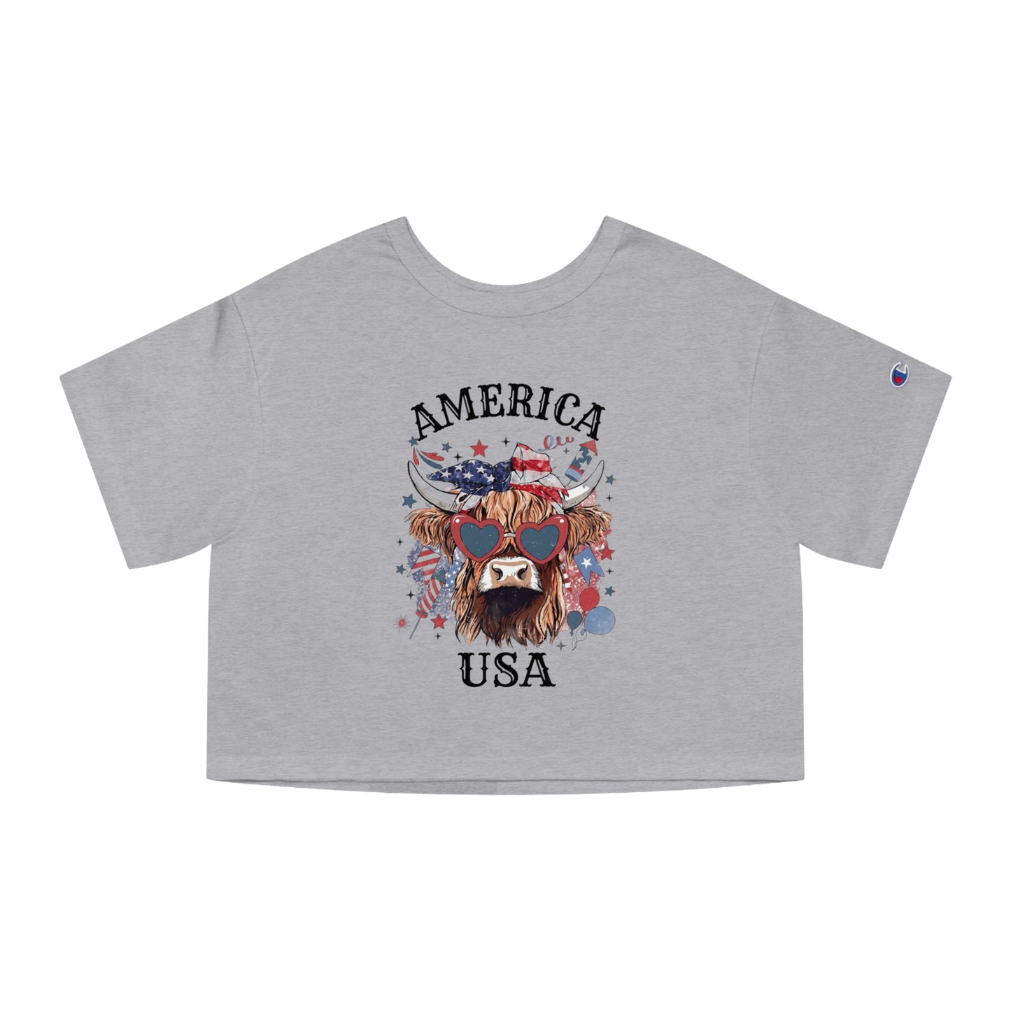 Gray t-shirt with a highland cow wearing heart sunglasses and American flag bandana.