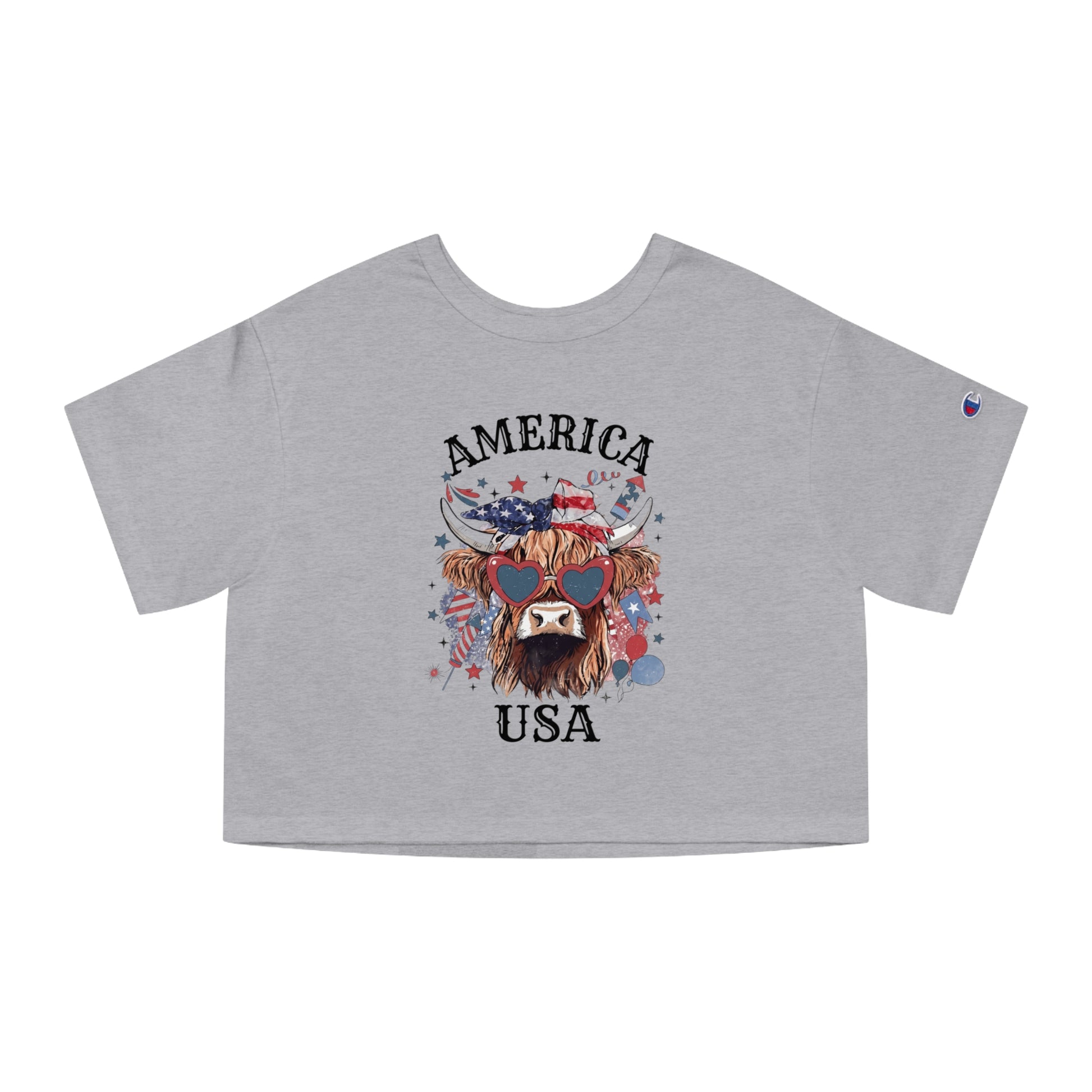 Gray t-shirt with a highland cow wearing heart sunglasses and American flag bandana.