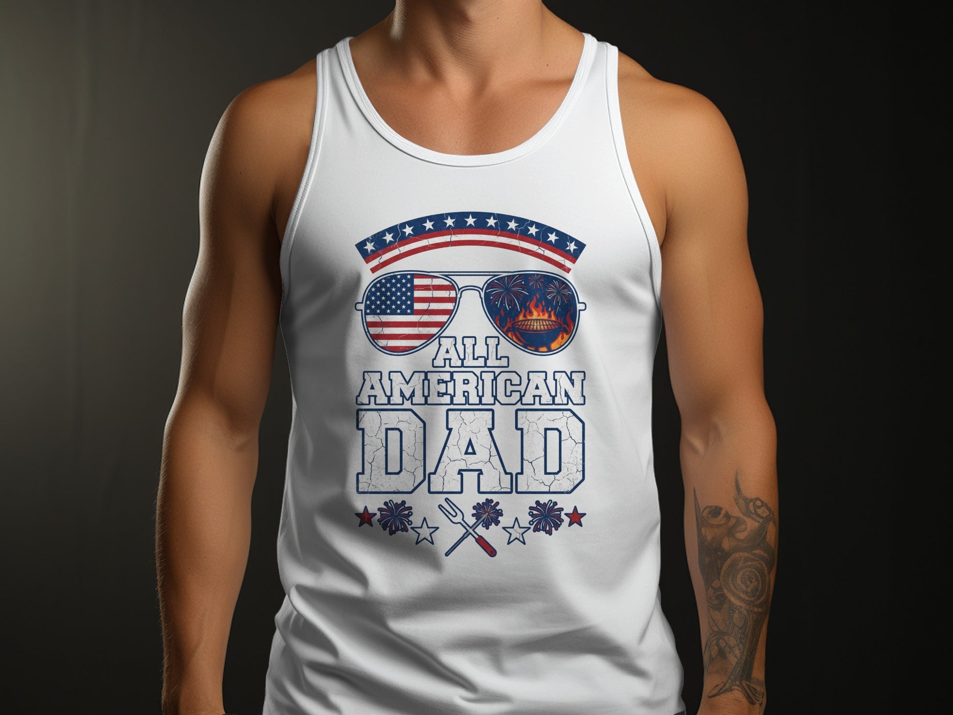 White tank top with "ALL AMERICAN DAD" text, American flag sunglasses, and grill graphic.