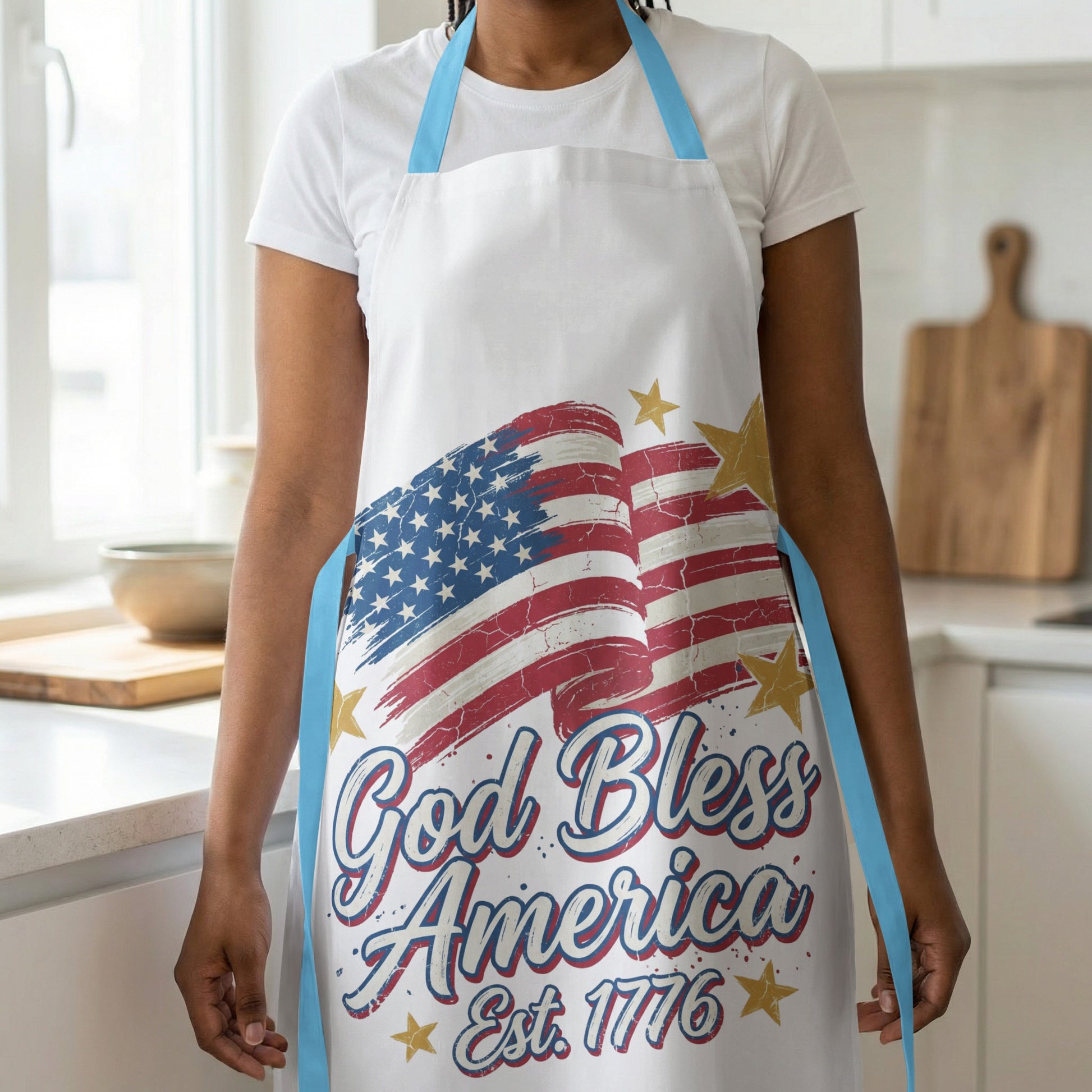 White apron with distressed American flag and "God Bless America Est. 1776".