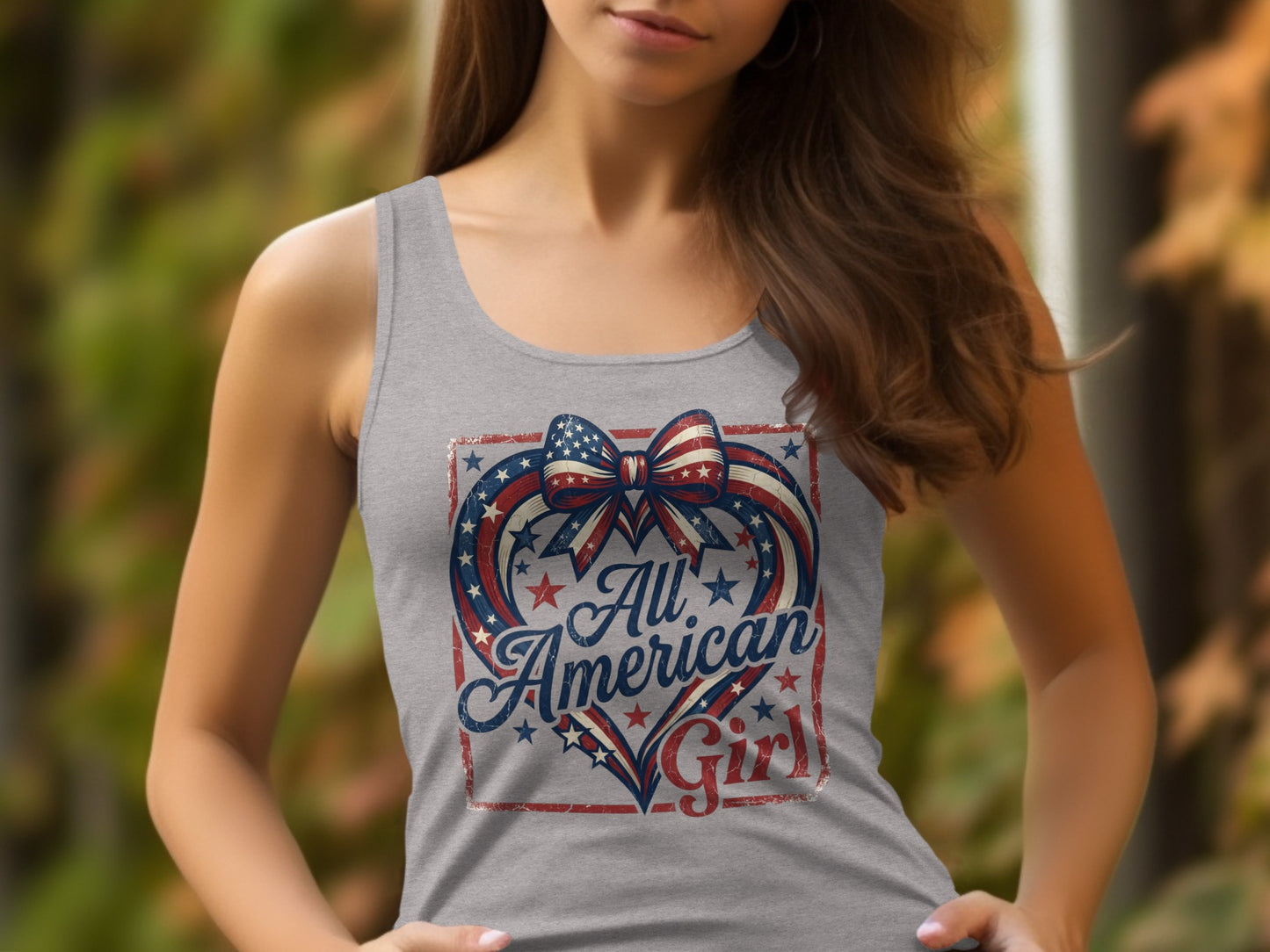 Gray tank top with "All American Girl" text in a heart shape.