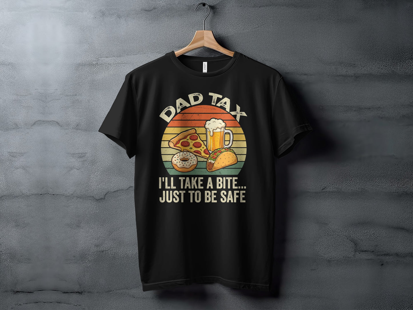 Black t-shirt with Dad Tax text, pizza, donut, taco, and beer graphic.