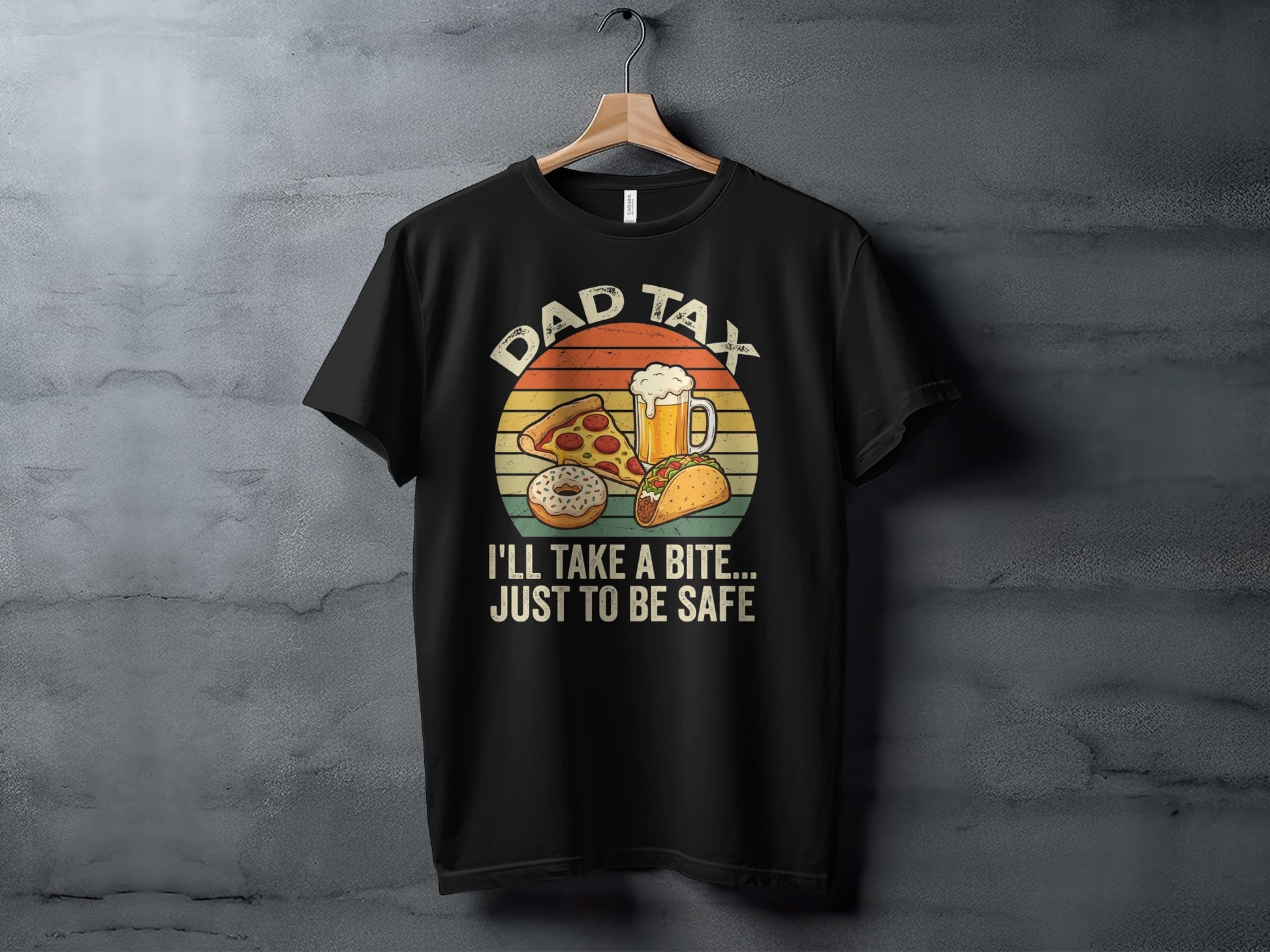 Black t-shirt with Dad Tax text, pizza, donut, taco, and beer graphic.