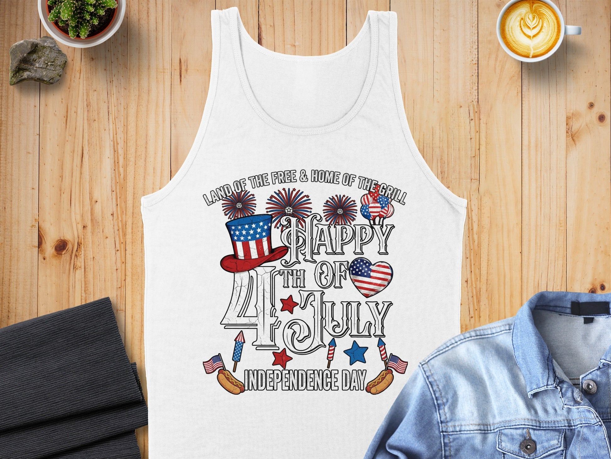White tank top with "Happy 4th of July Independence Day" graphic.