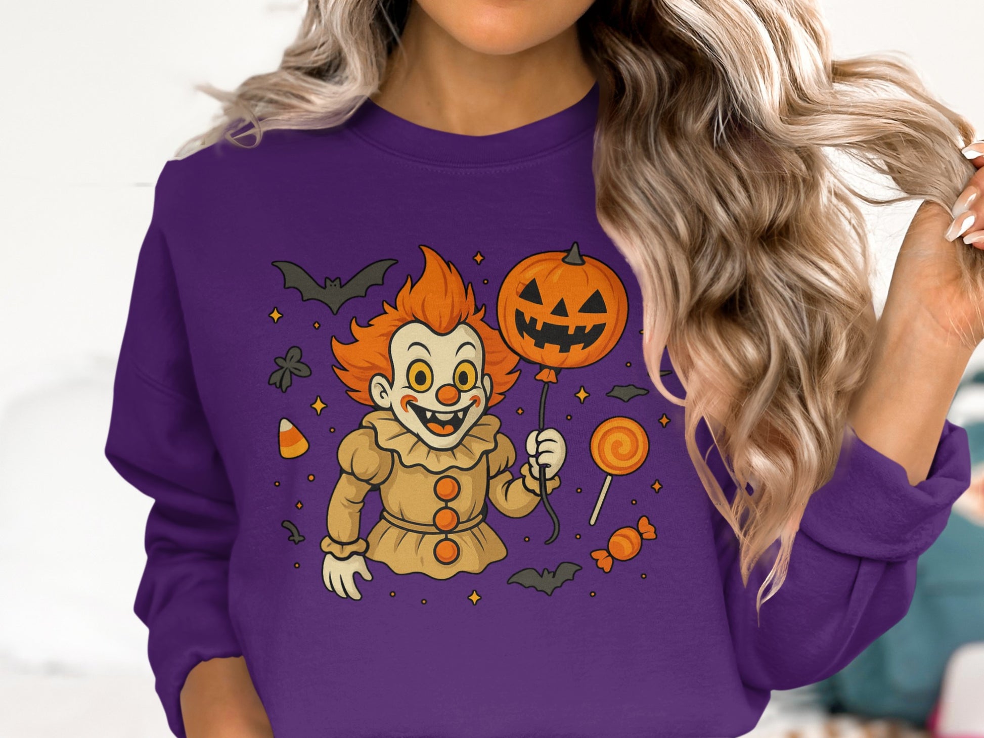 Spooky Clown and Halloween Icons on Purple Shirt product