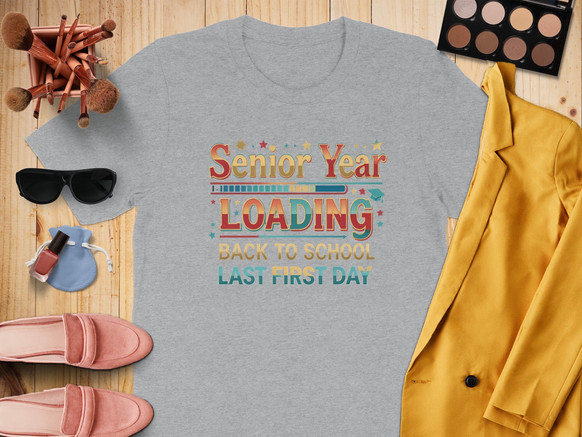 Gray t-shirt with "Senior Year LOADING" and "Back to School Last First Day" text.