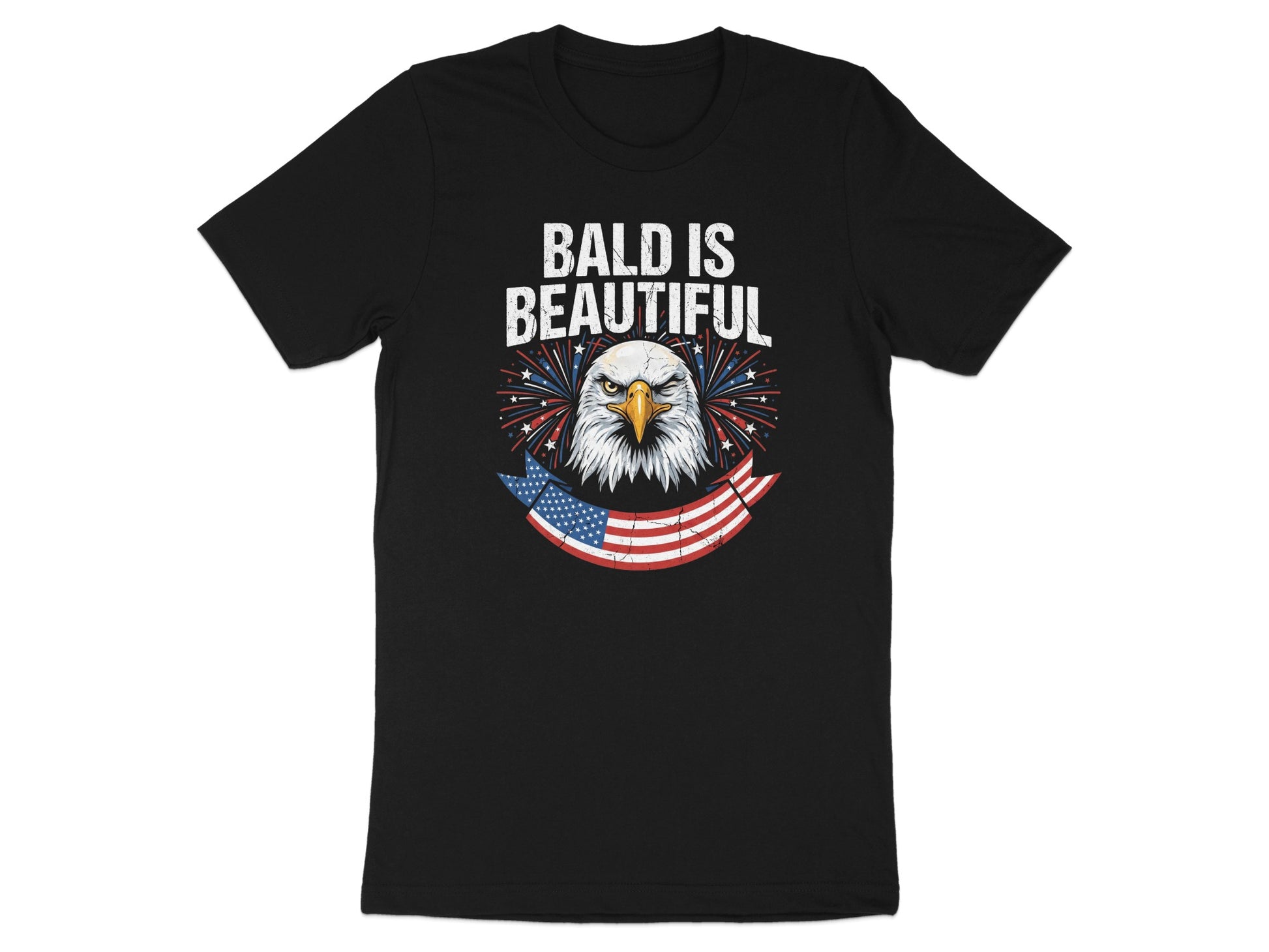 Black t-shirt with an eagle and American flag graphic that says "Bald is Beautiful."
