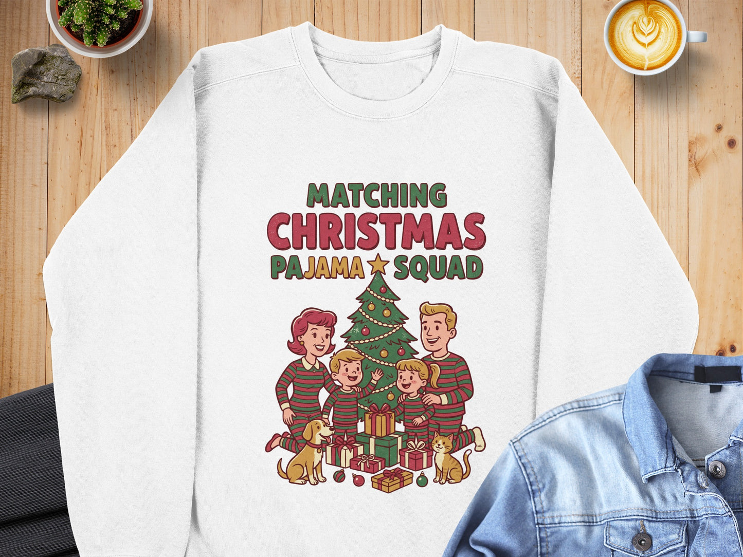 White sweatshirt with "Matching Christmas Pajama Squad" graphic of family, dog, cat, and tree.