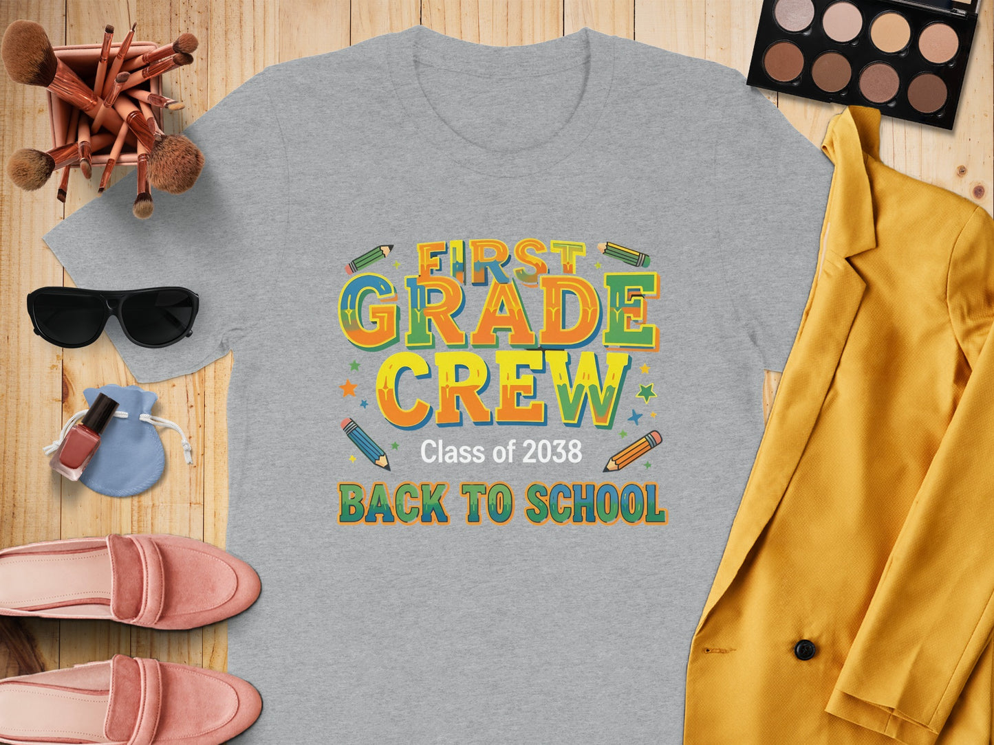 Gray t-shirt with "First Grade Crew Class of 2038 Back to School" text.