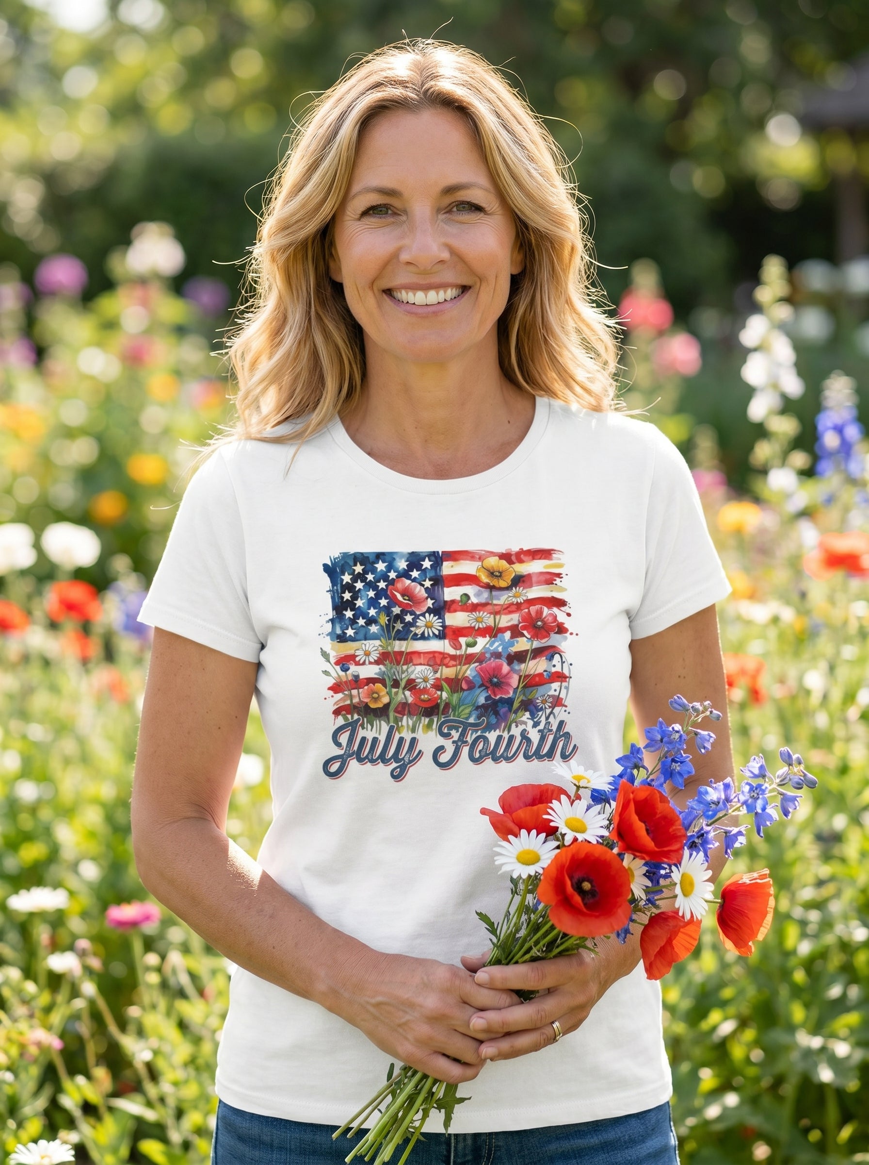 Lifestyle photo of woman wearing American Bloom July Fourth T-Shirt