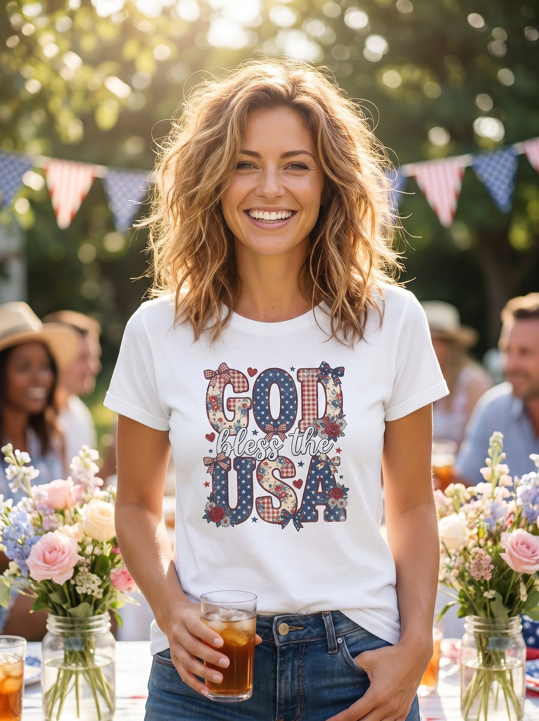 Lifestyle photo of woman wearing Americana Glory Vintage Floral USA T-Shirt