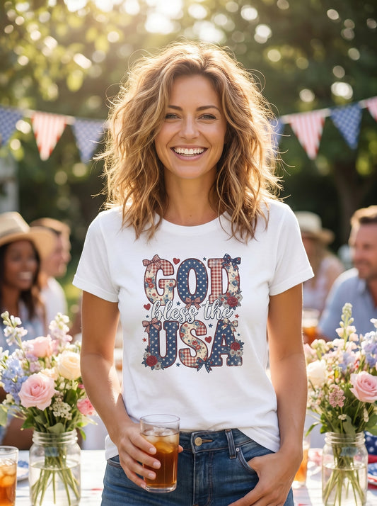 Lifestyle photo of woman wearing Americana Glory Vintage Floral USA T-Shirt