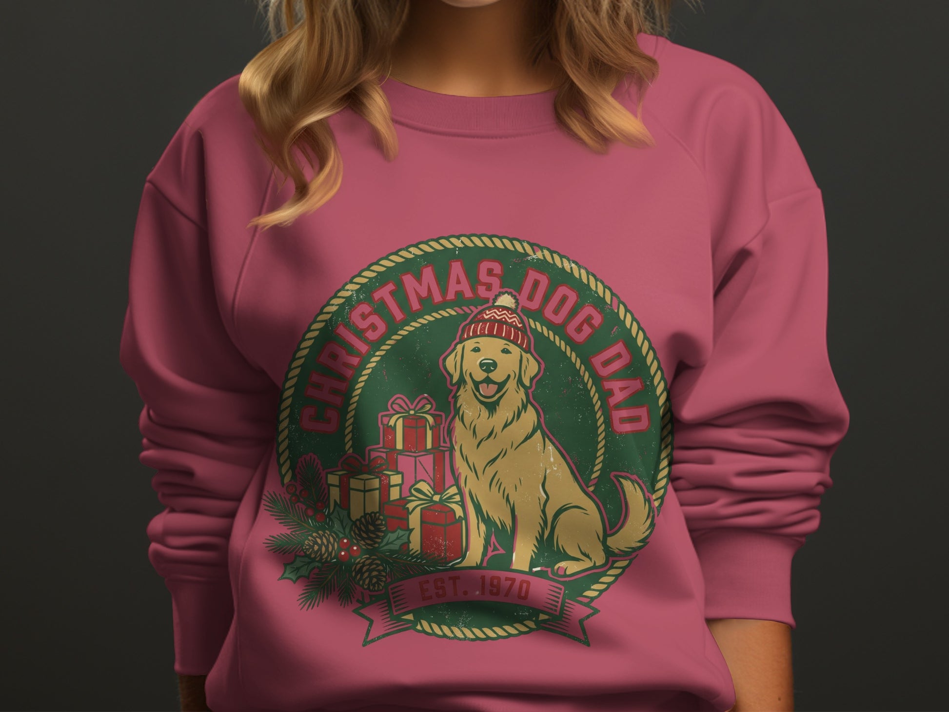 Golden retriever wearing a Santa hat surrounded by gifts on a "Christmas Dog Dad" graphic.