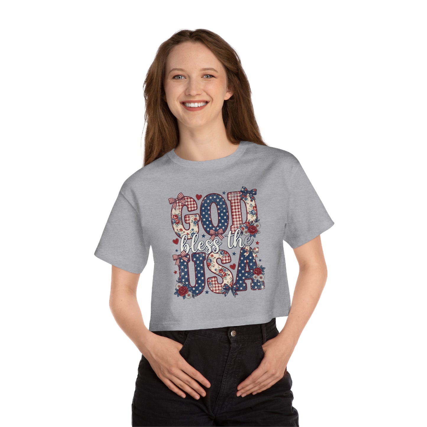 Grey crop top with "God bless the USA" text and patriotic patterns.