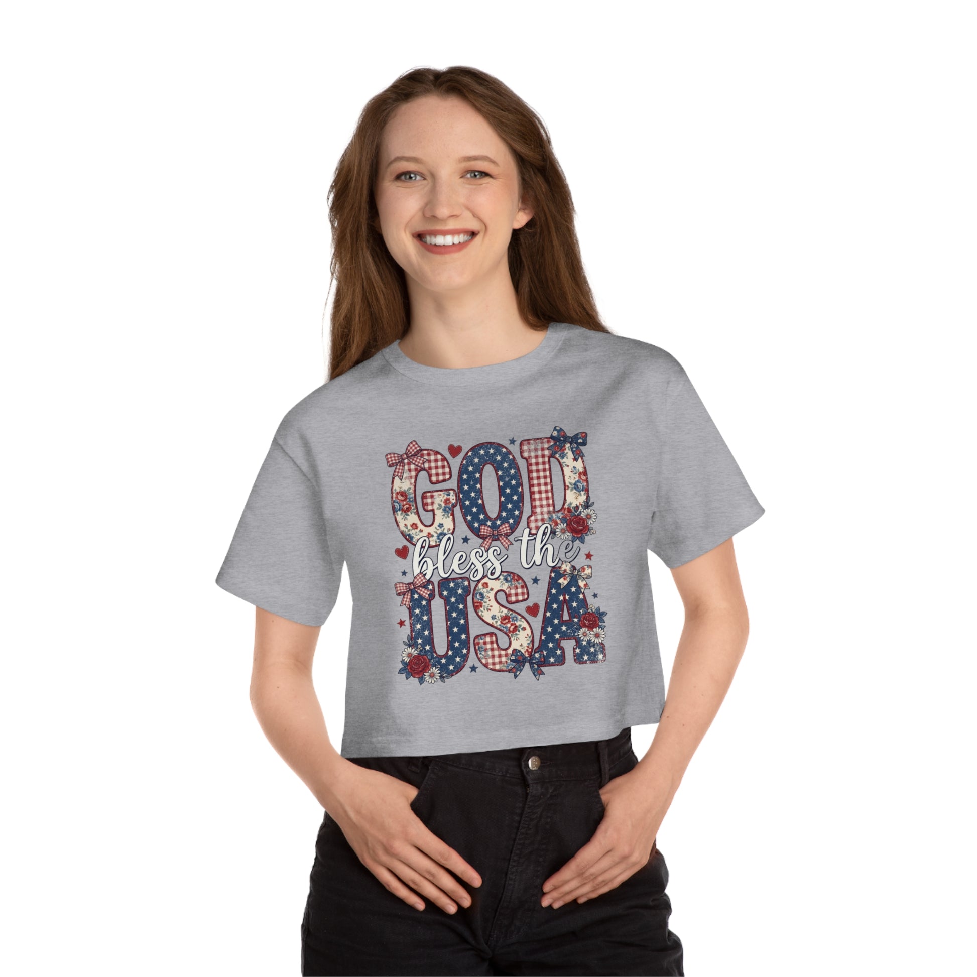 Grey crop top with "God bless the USA" text and patriotic patterns.