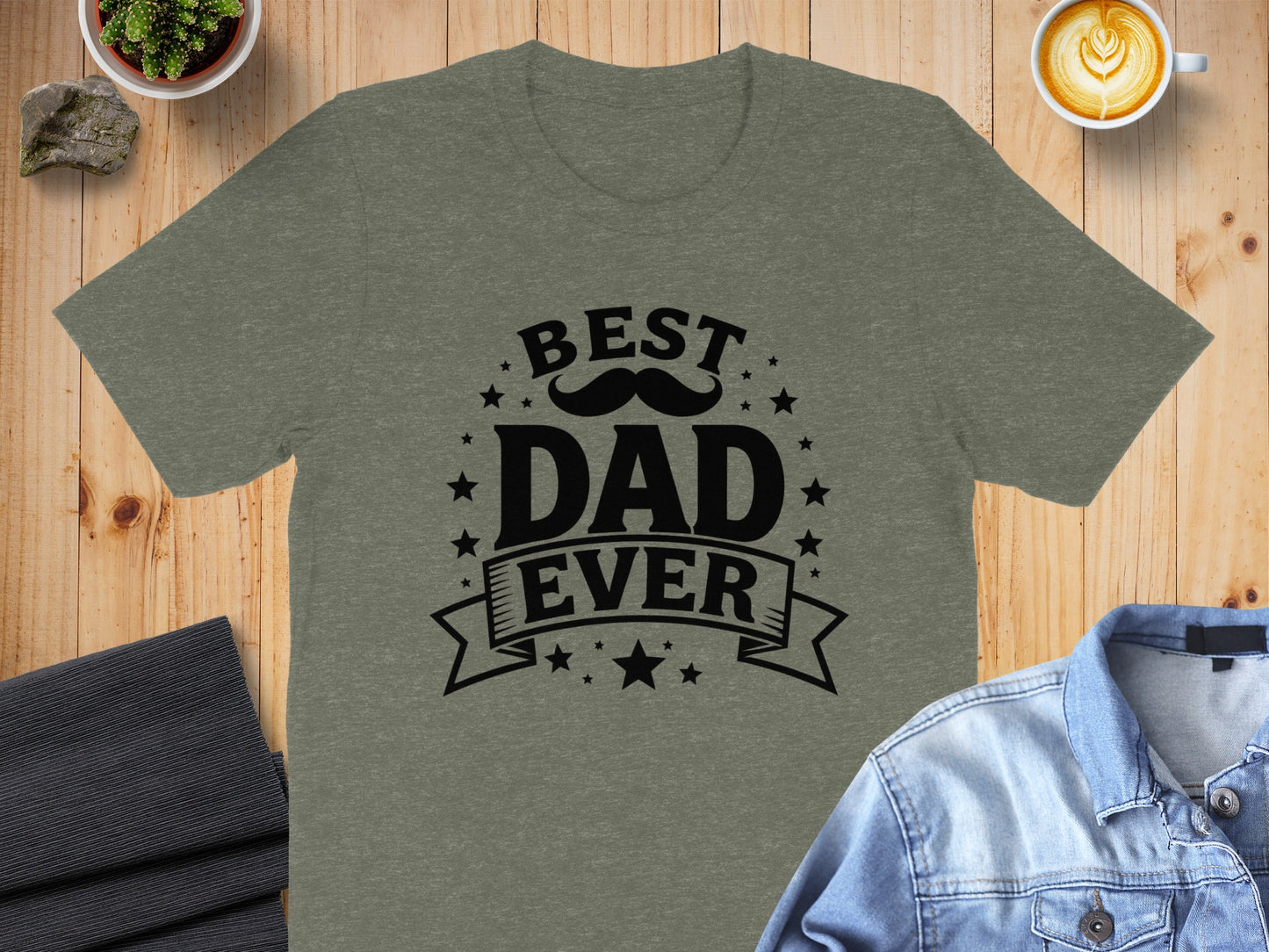 Gray t-shirt with "Best Dad Ever" text, mustache, stars, and banner graphic.