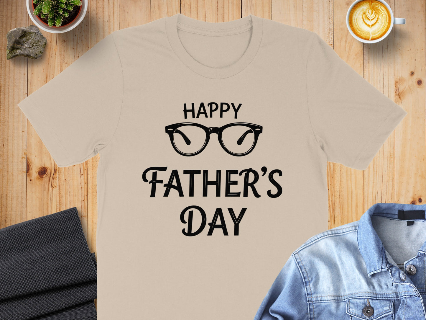 Beige t-shirt with "Happy Father's Day" and glasses graphic.