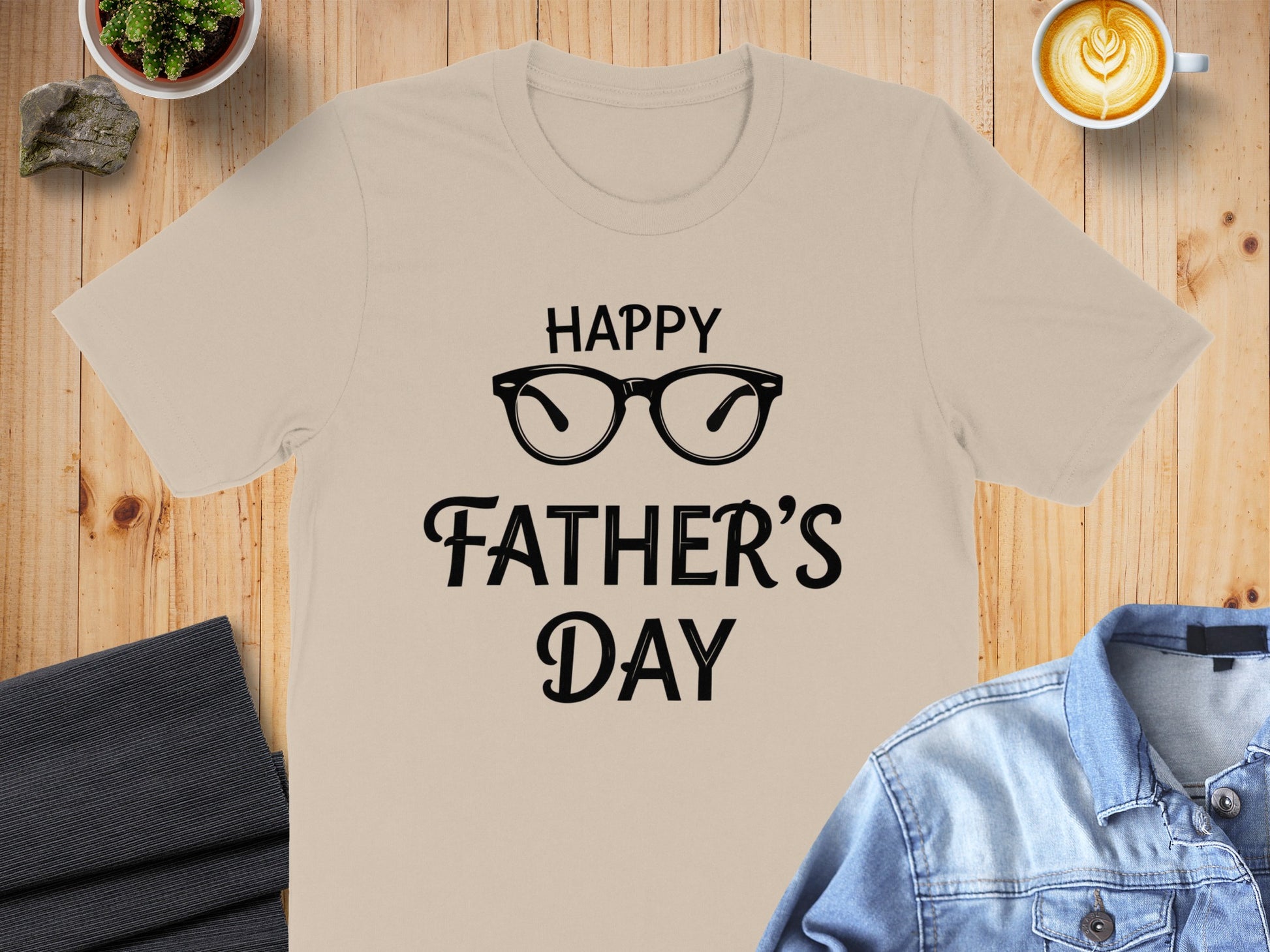 Beige t-shirt with "Happy Father's Day" and glasses graphic.