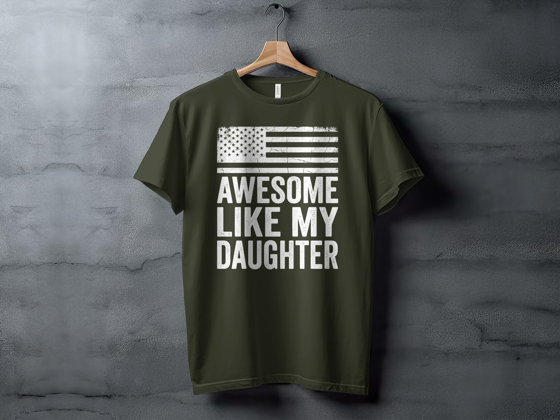 Olive green t-shirt with "Awesome Like My Daughter" text and distressed American flag graphic.