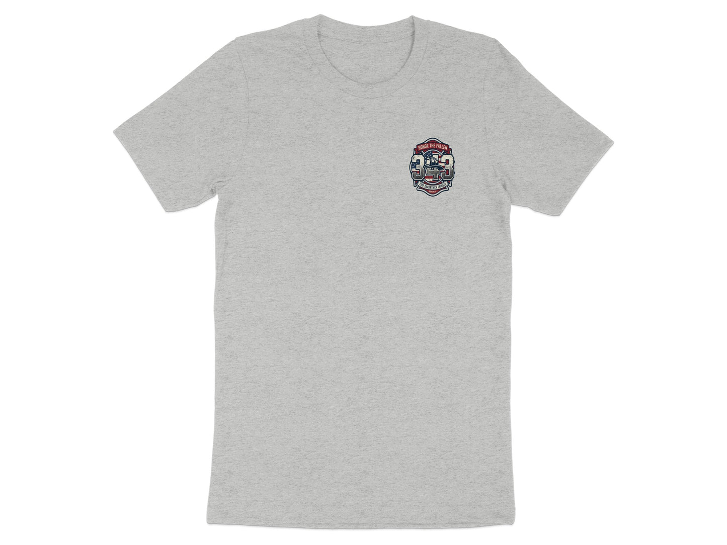 Light gray t-shirt with a "343 Fire Department" emblem on the left chest.