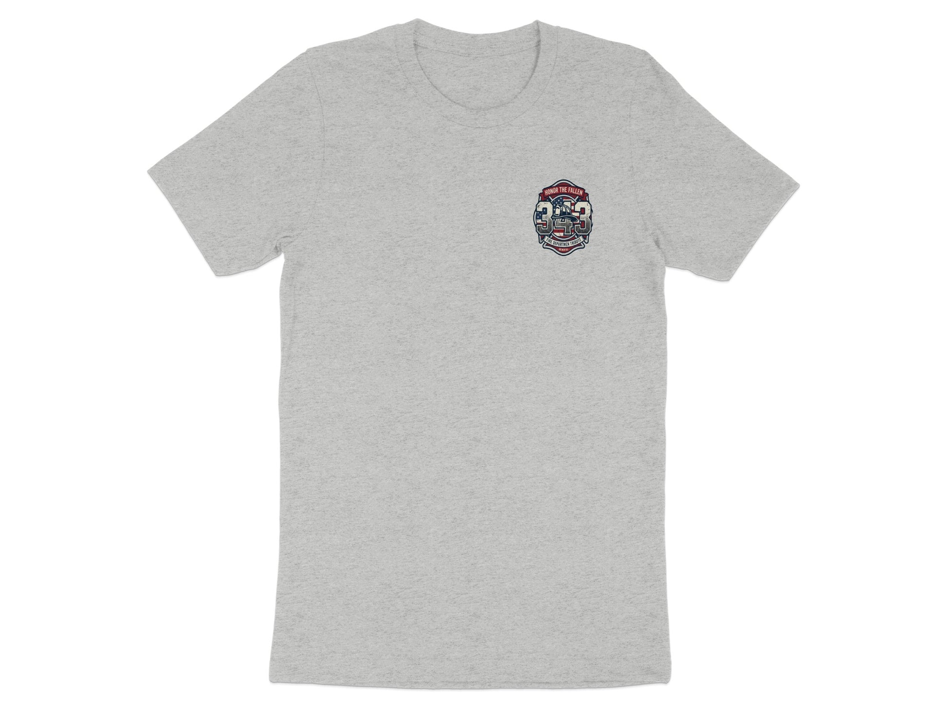 Light gray t-shirt with a "343 Fire Department" emblem on the left chest.