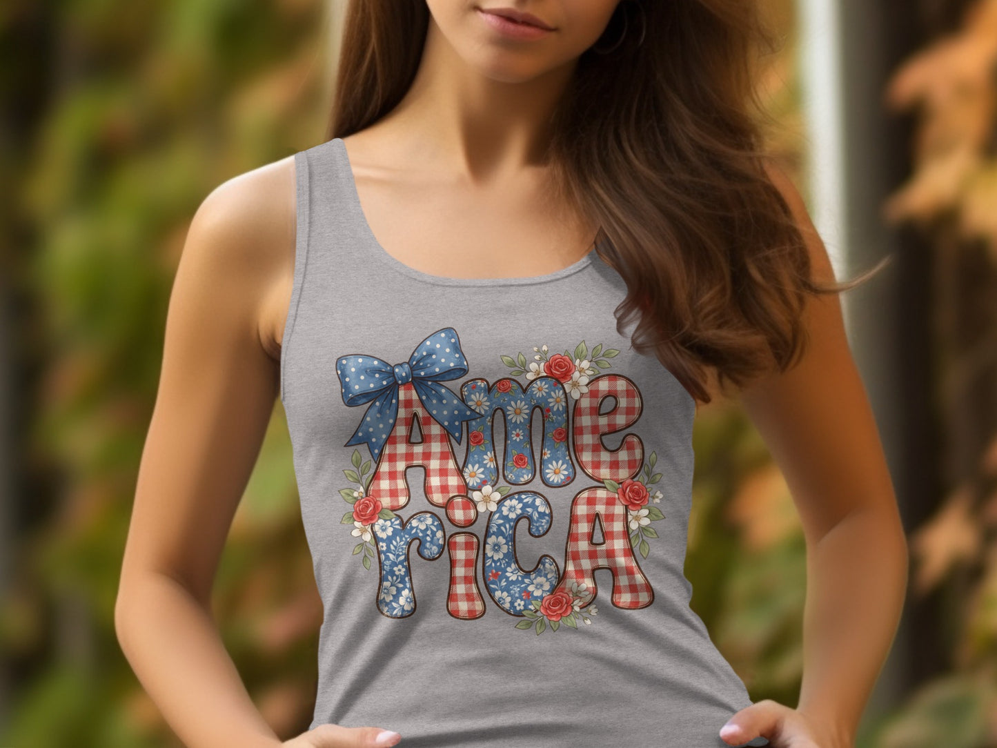 Gray tank top with "America" in checkered and floral patterned letters.
