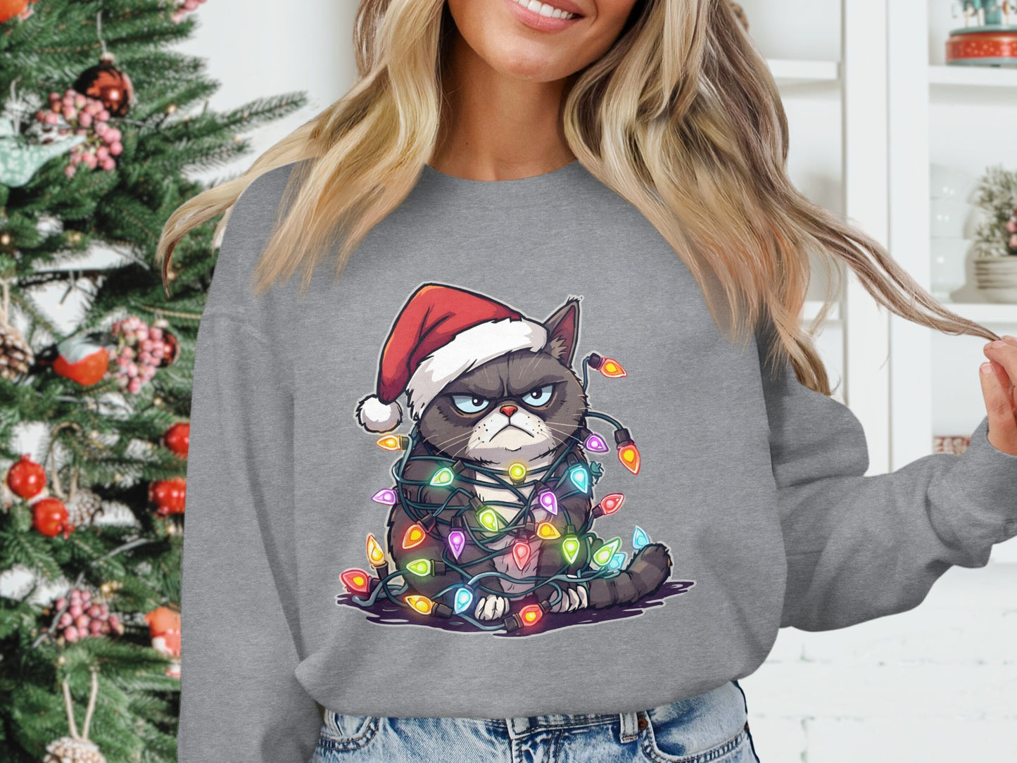Grumpy Cat with Christmas Lights Gray Sweater Product
