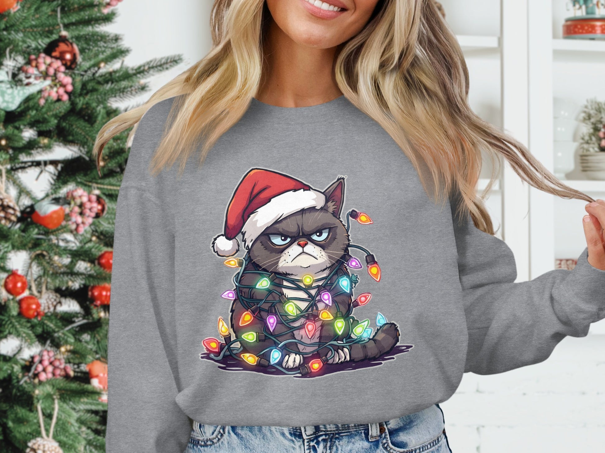 Grumpy Cat with Christmas Lights Gray Sweater Product