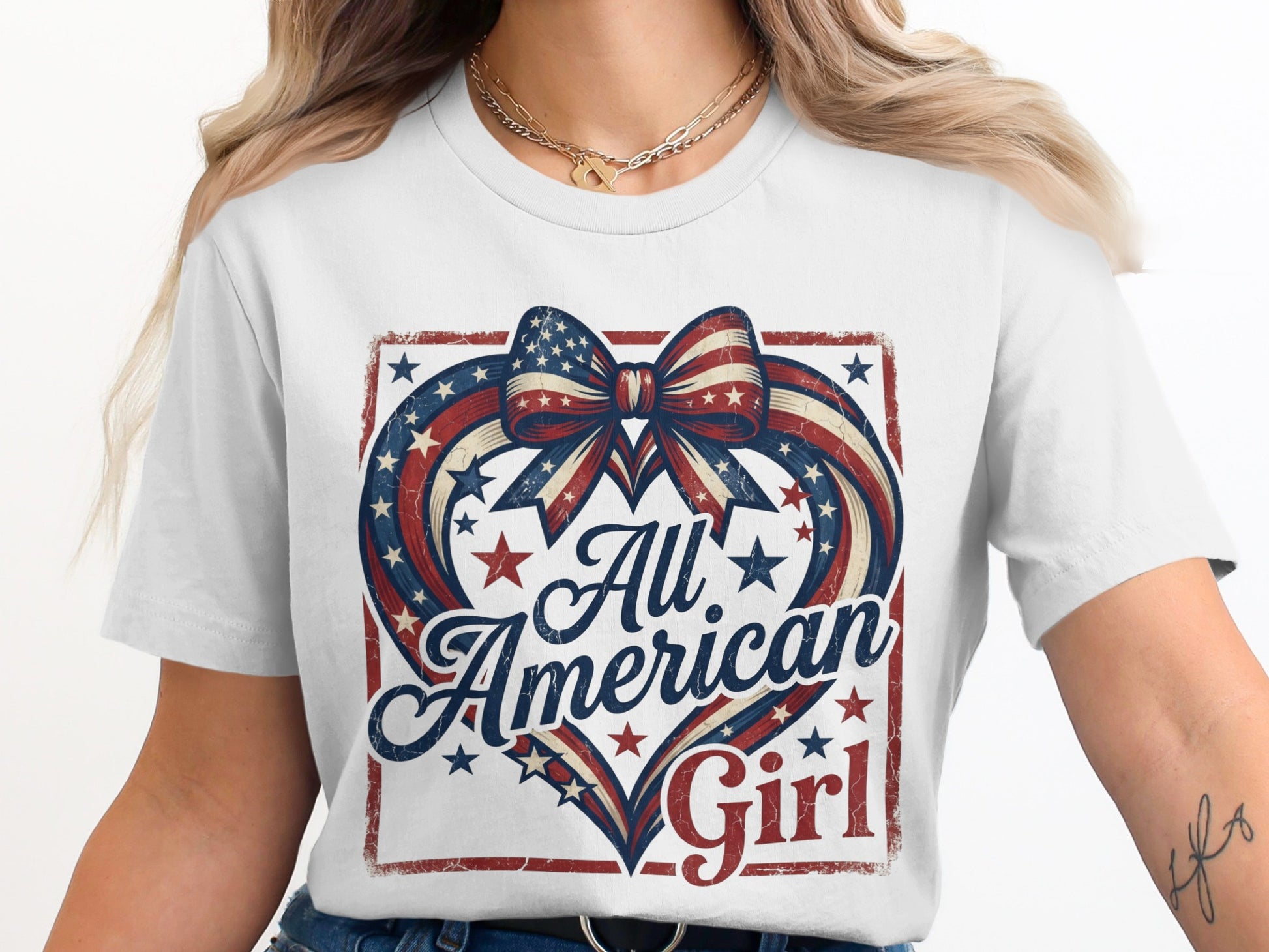 White t-shirt with "All American Girl" text inside a patriotic heart graphic.