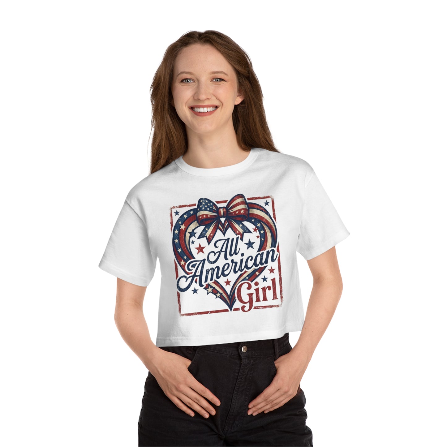 White crop top with "All American Girl" text and patriotic heart graphic.