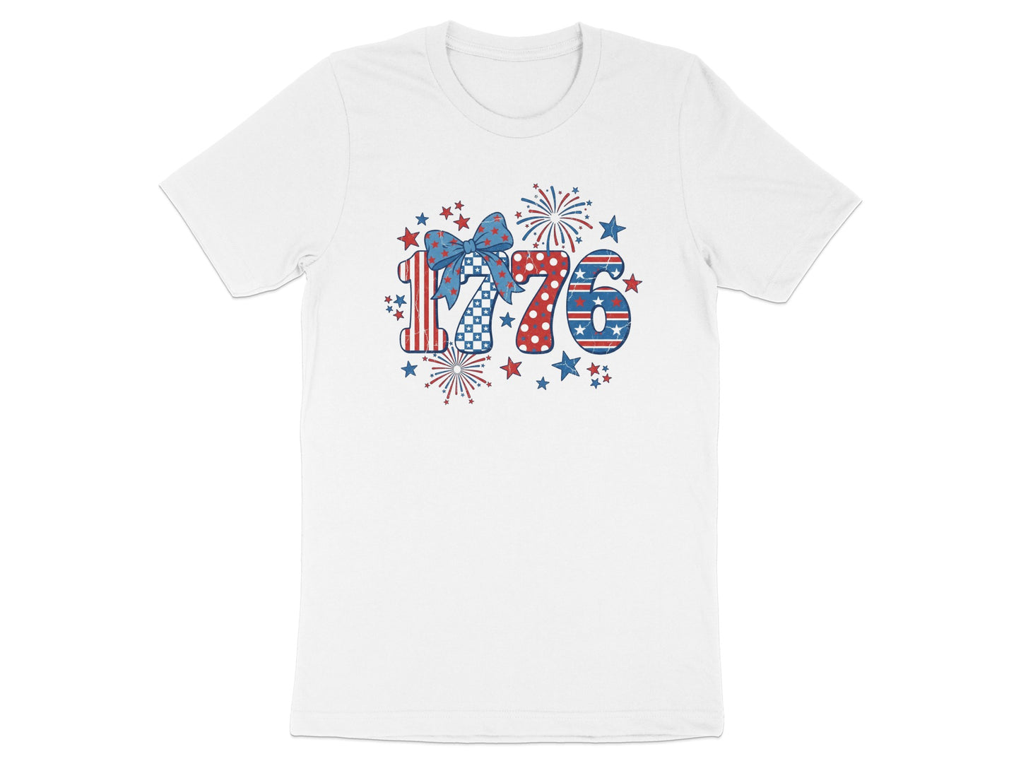 White t-shirt with a red, white, and blue "1776" design featuring fireworks and stars.