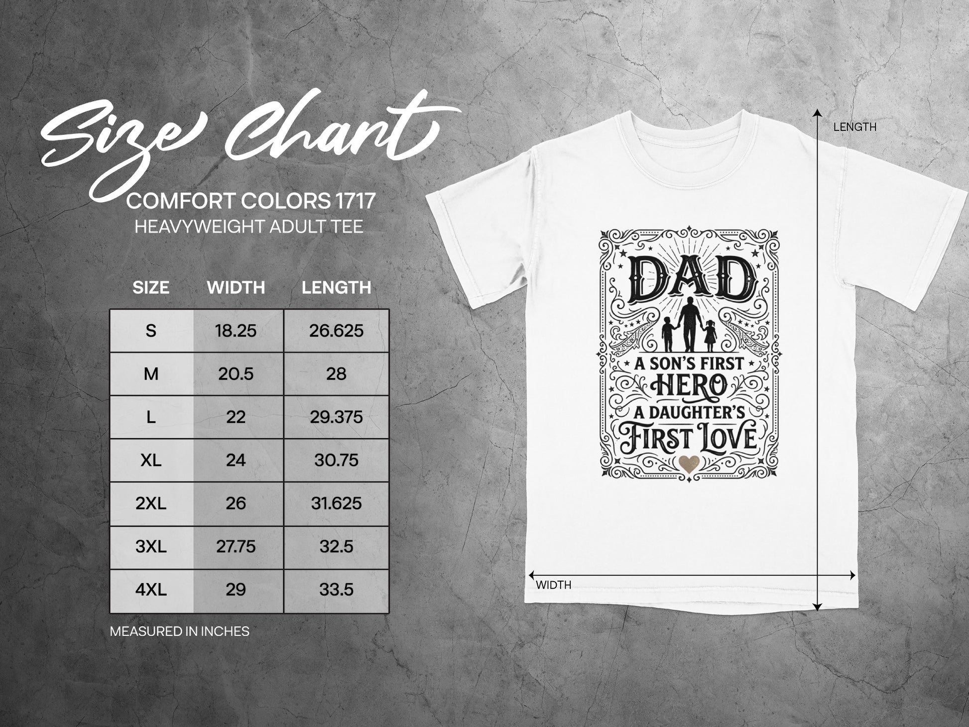 Comfort Colors 1717 adult t-shirt size chart with dad hero graphic.