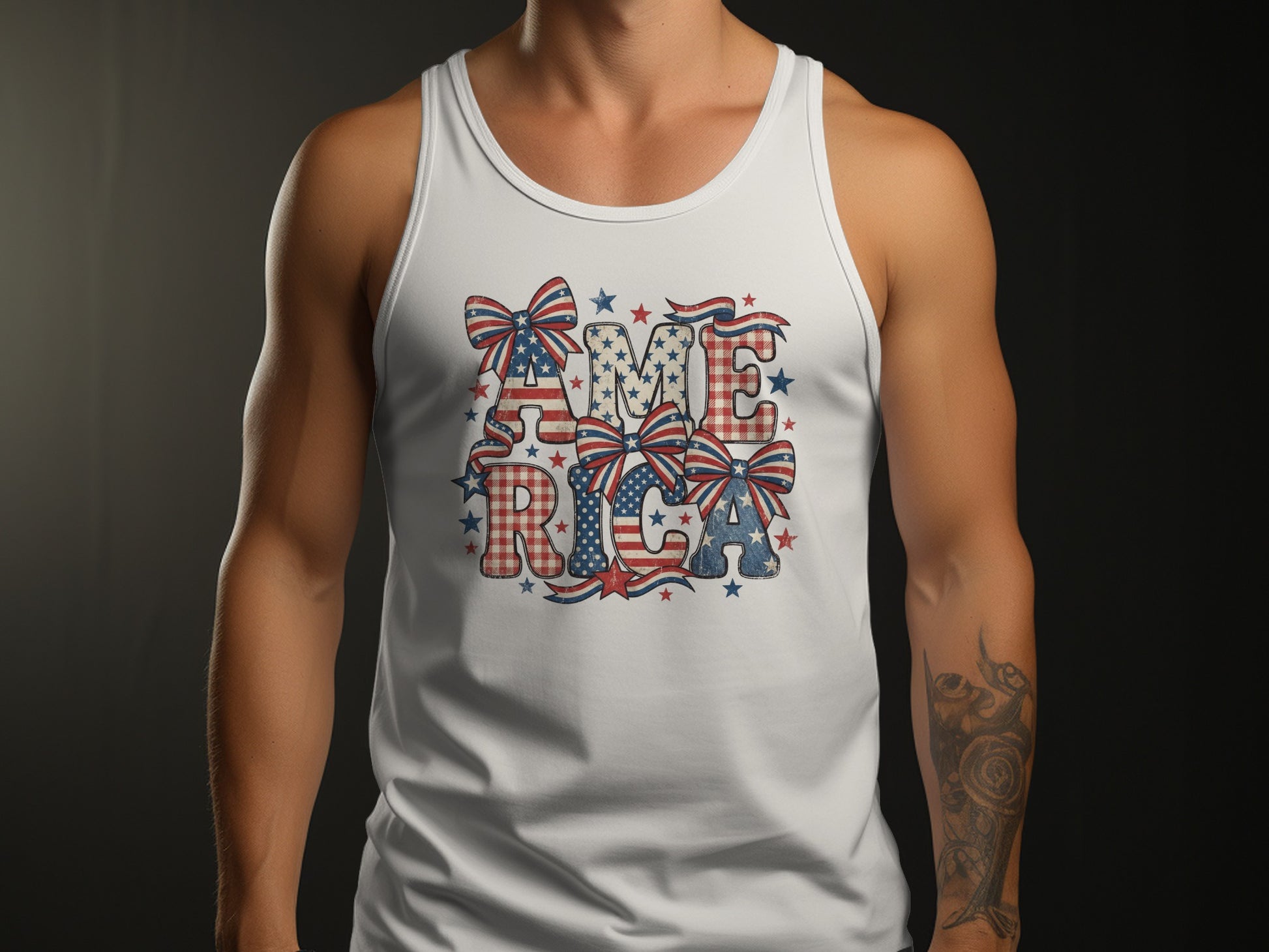 White tank top with "AMERICA" text in patriotic distressed fonts surrounded by stars and bows.