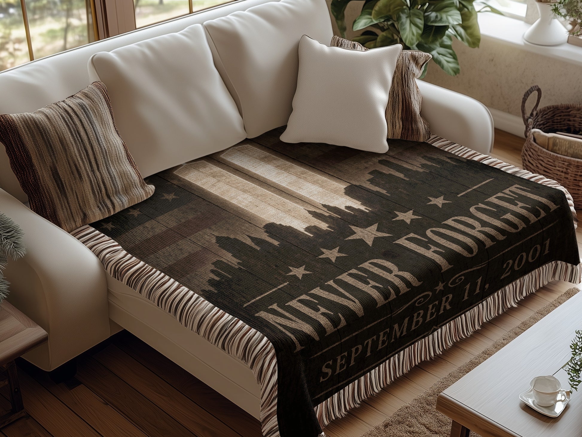 Throw blanket with "Never Forget September 11, 2001" text and skyline design