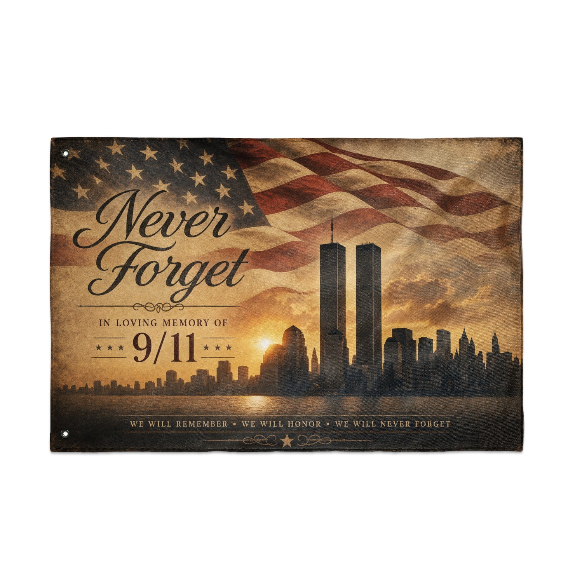 "Never Forget" banner with Twin Towers, skyline, and American flag.