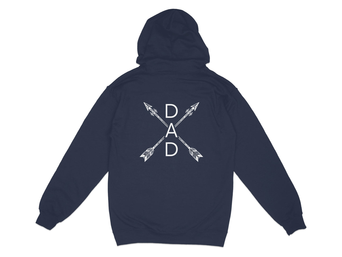 Navy hooded sweatshirt with white "DAD" and arrows graphic on back.
